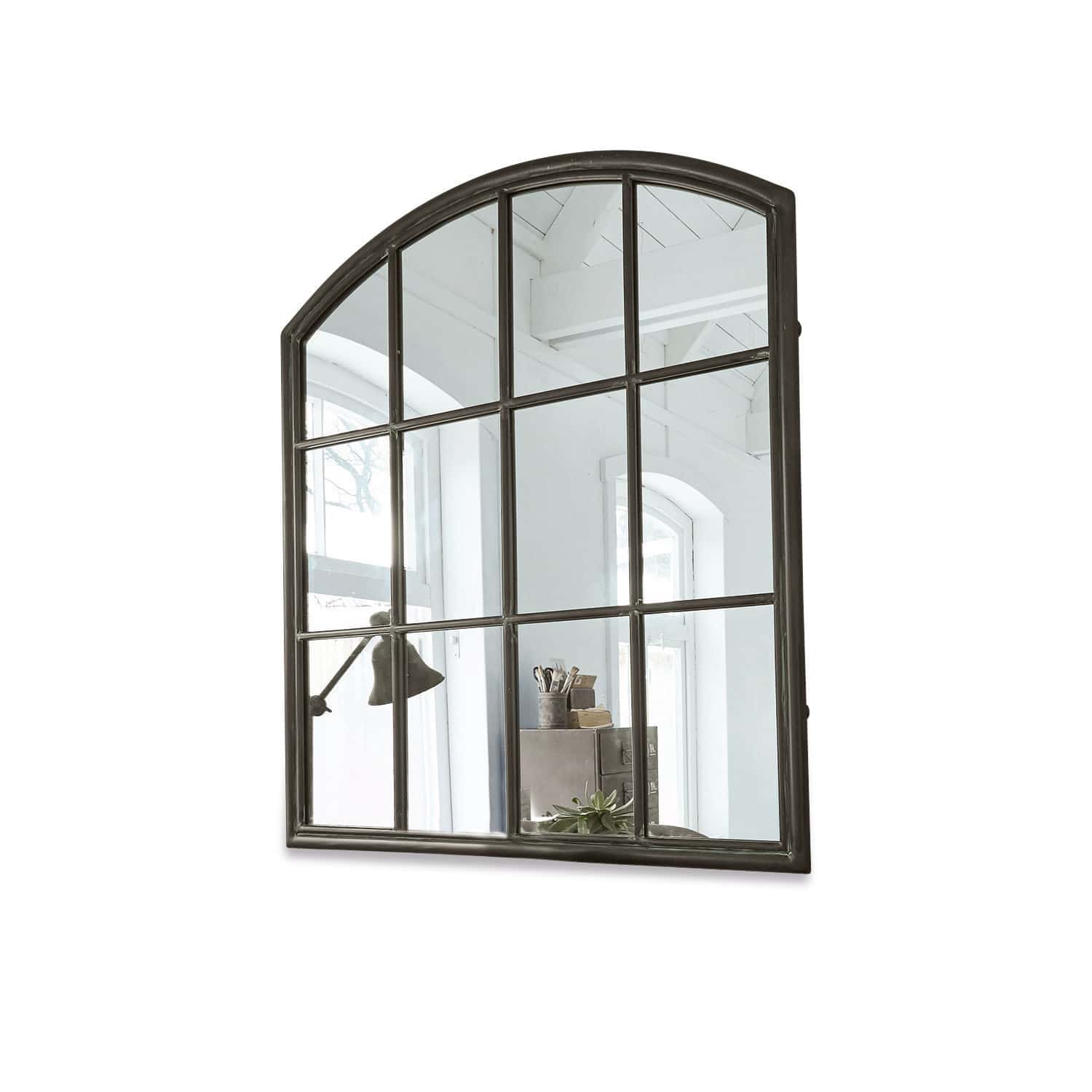 Specchio Chloe Specchio da parete con cornice in metallo antracite, forma ad arco e suddivisione quadrata decorativa