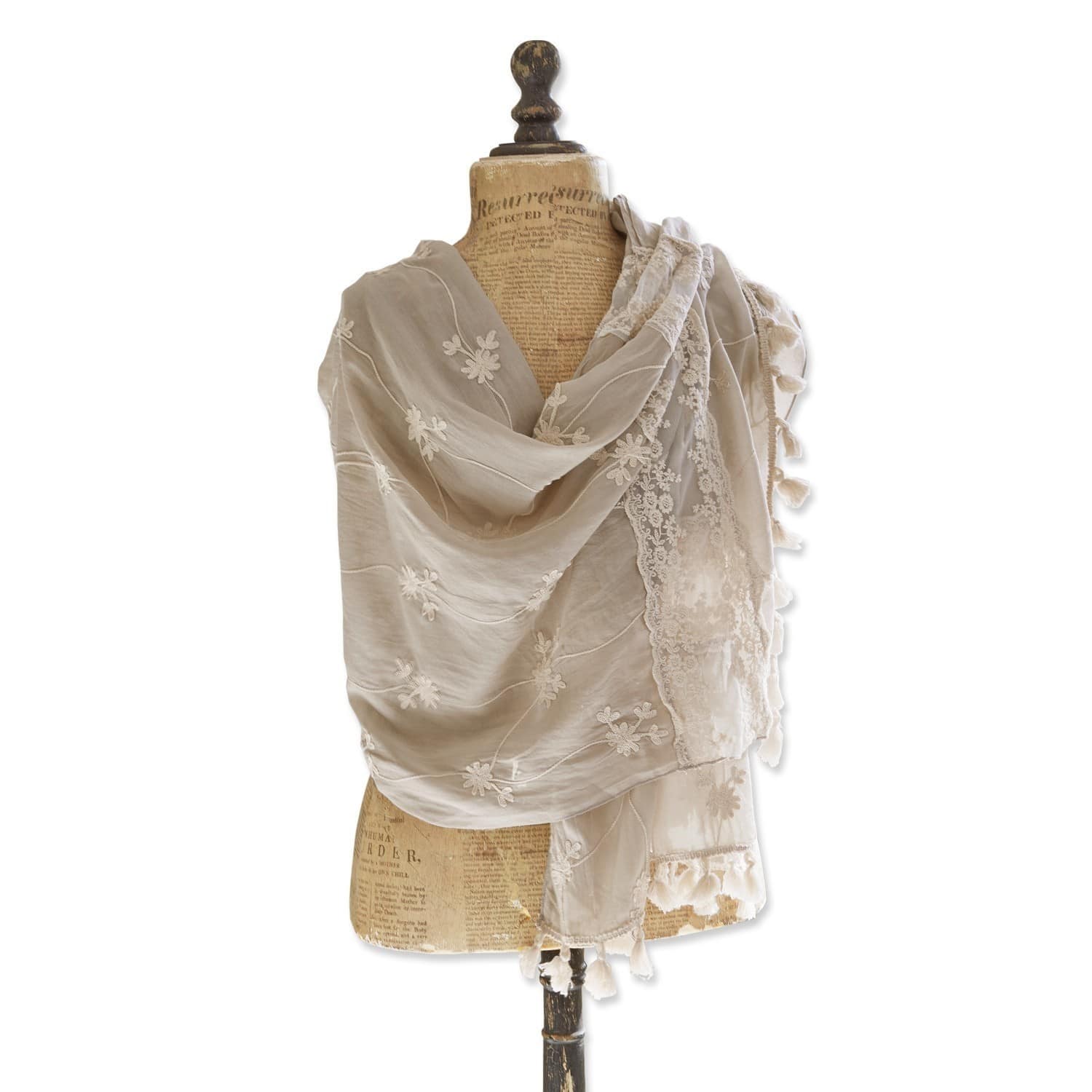 Scialle Eloise Sciarpa beige leggera con ricamo e pizzo, accessorio di moda elegante