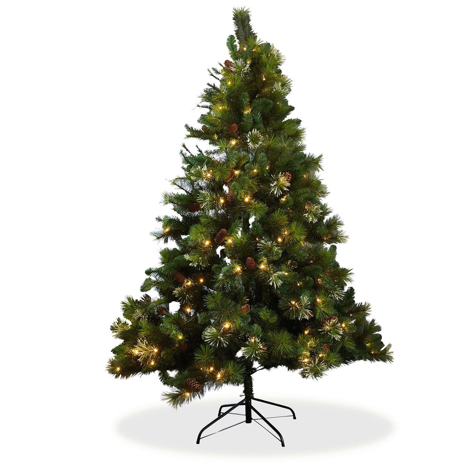 Albero di Natale Aure Albero di Natale artificiale verde con aghi e luci LED su base metallica, decorazione natalizia