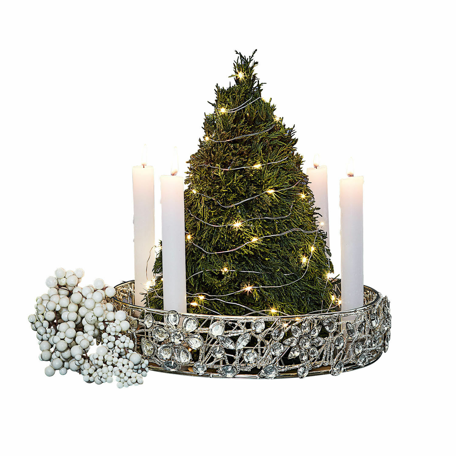 Portacandele Hope Portacandele natalizio con candele bianche e decorazione albero verde con luci LED