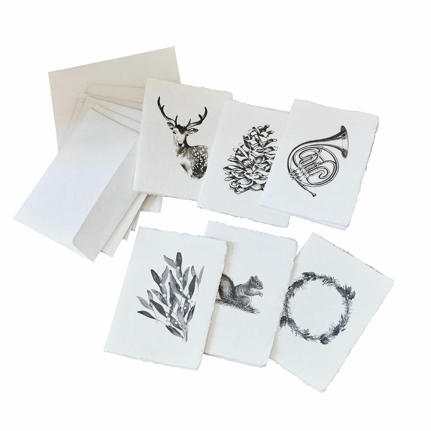 Set di 6 biglietti di auguri Previa Set di carte bianche con motivi di cervo, pigna, scoiattolo e corona su carta artistica