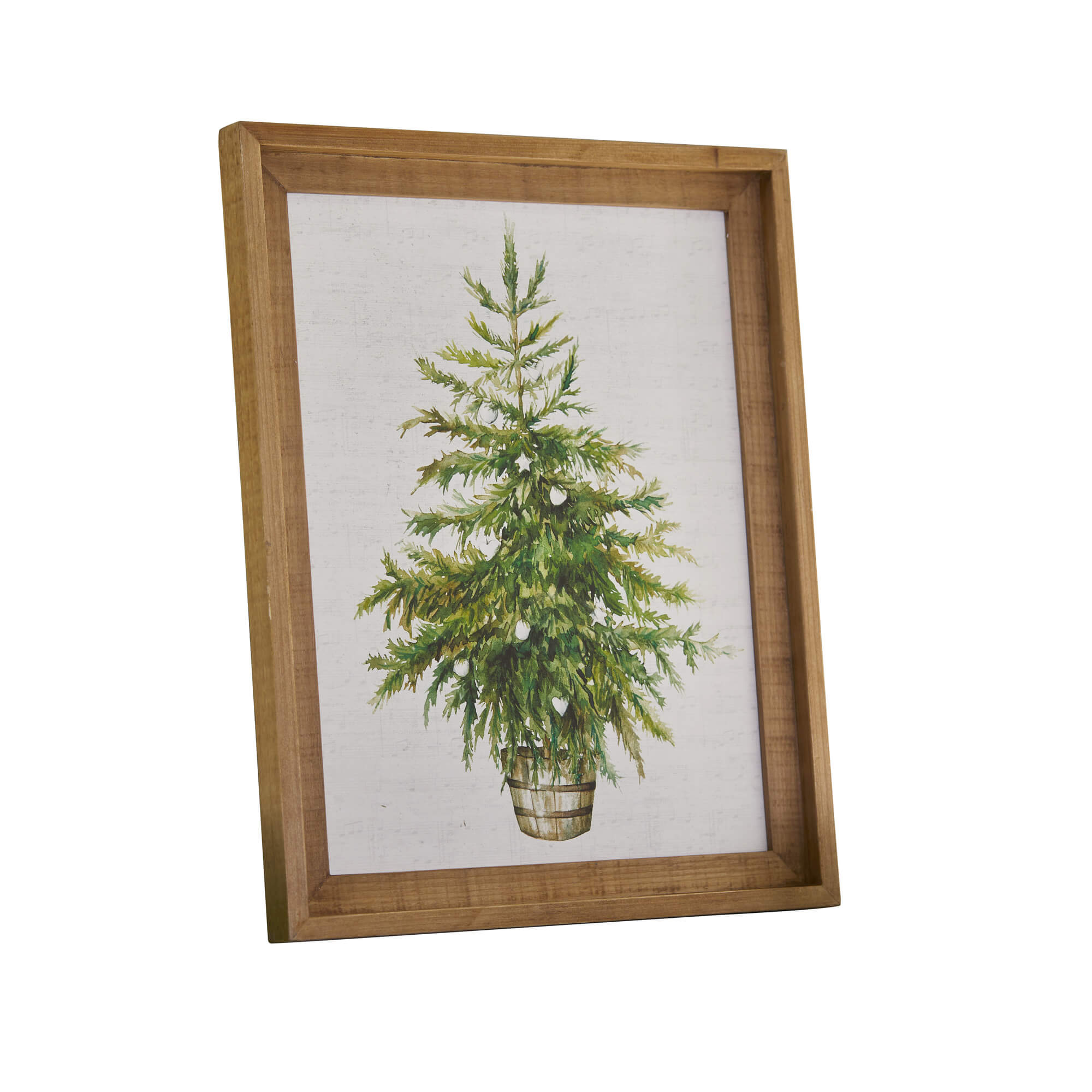 Quadro con albero verde in cornice di legno, decorazione natalizia da parete