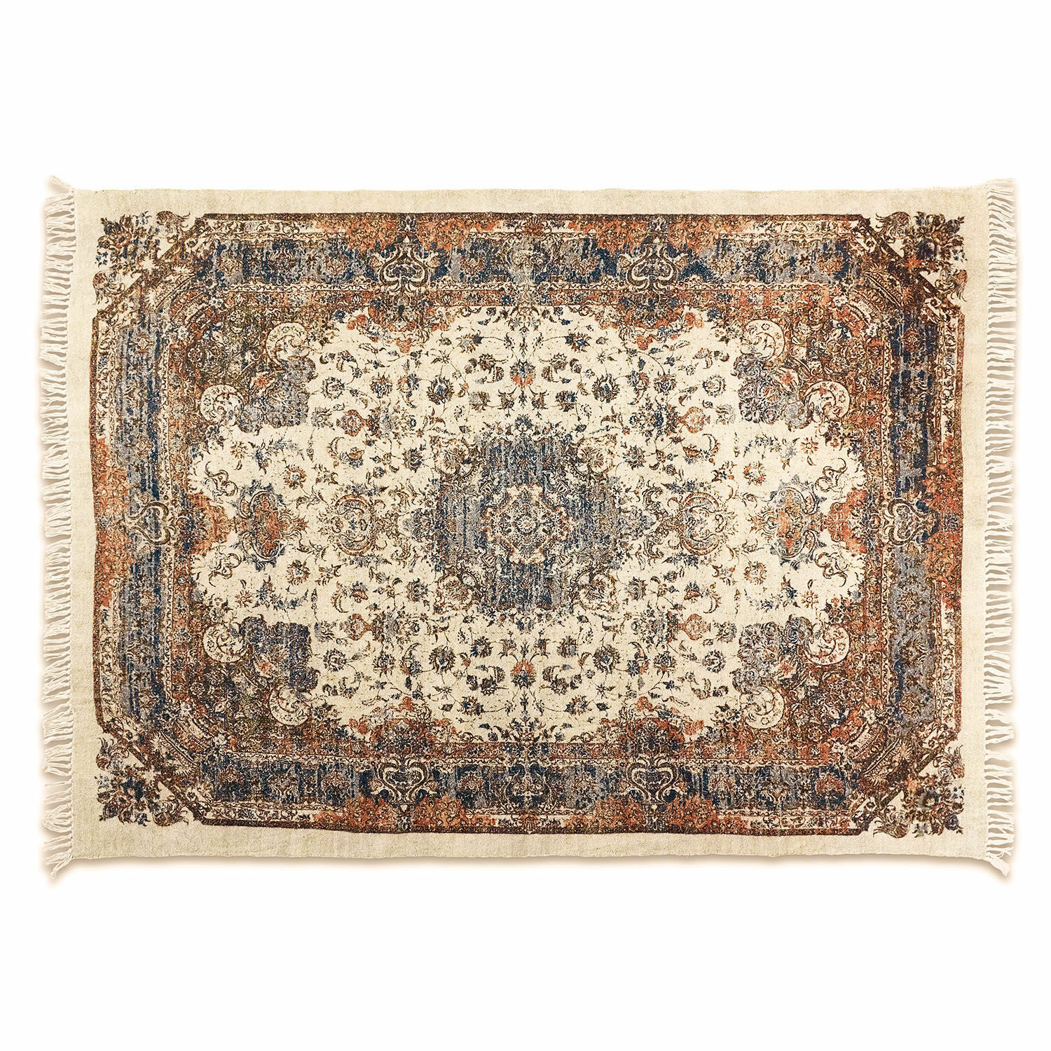 Tappeto Aleixo Tappeto in cotone crema con motivi marroni e frange, decorazione elegante per soggiorno