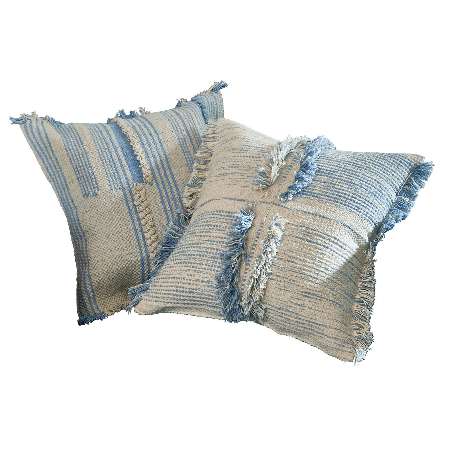 Coppia di copricuscini Ciel d'Azur Due cuscini decorativi in cotone crema e blu a righe con frange, morbidi e di stile