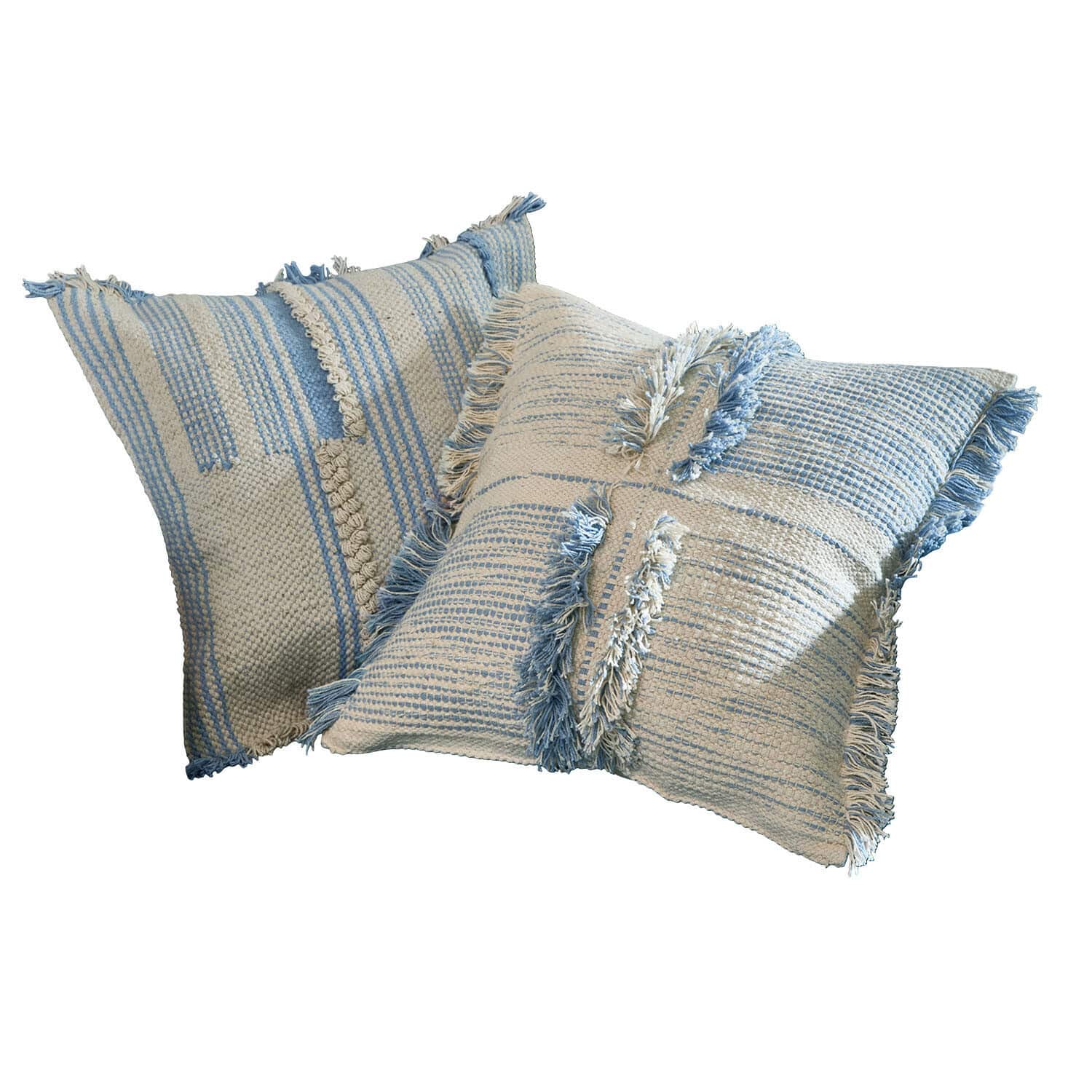 Coppia di copricuscini Ciel d'Azur Due cuscini decorativi in cotone crema e blu a righe con frange, morbidi e di stile