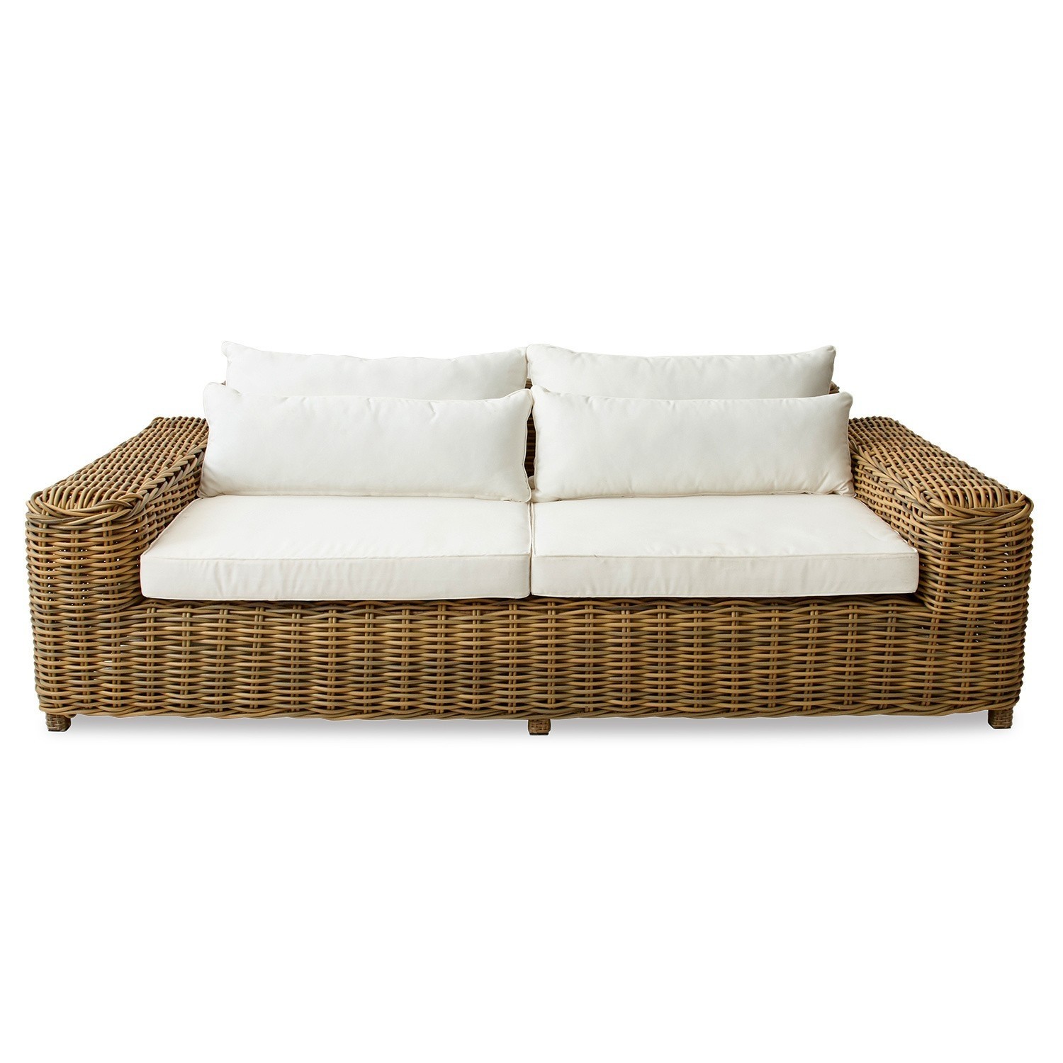 Divano Camas Divano in rattan con cuscini bianchi, mobile confortevole per soggiorno o giardino