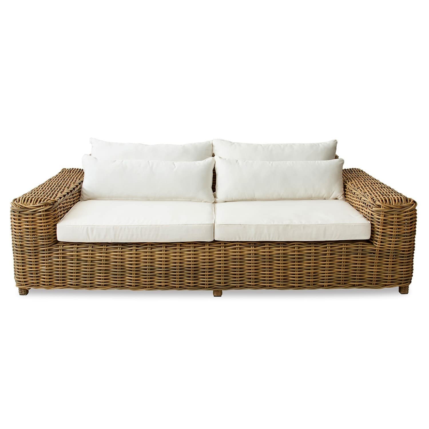 Divano Camas Divano in rattan con cuscini bianchi, mobile confortevole per soggiorno o giardino