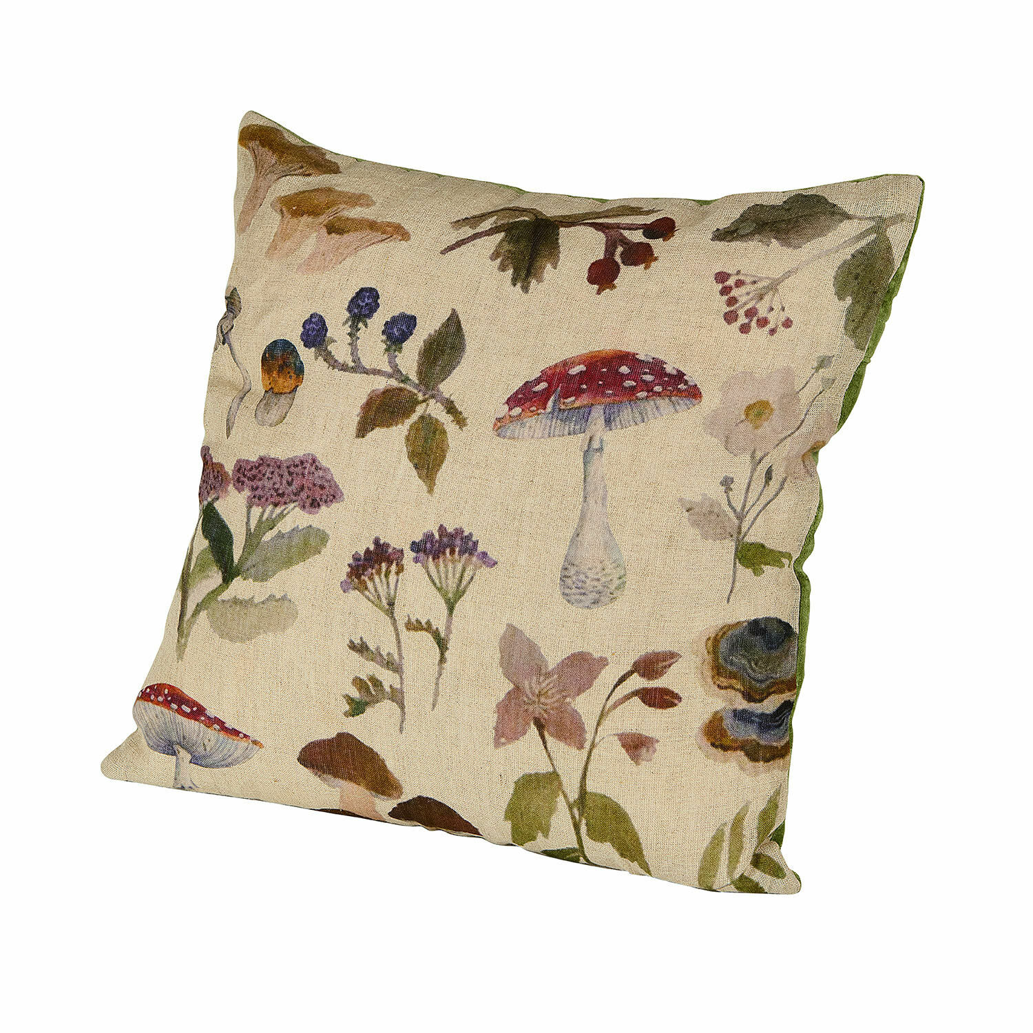 Copricuscino Selarune Cuscino in lino beige con stampa di funghi e fiori, accessorio decorativo per la casa