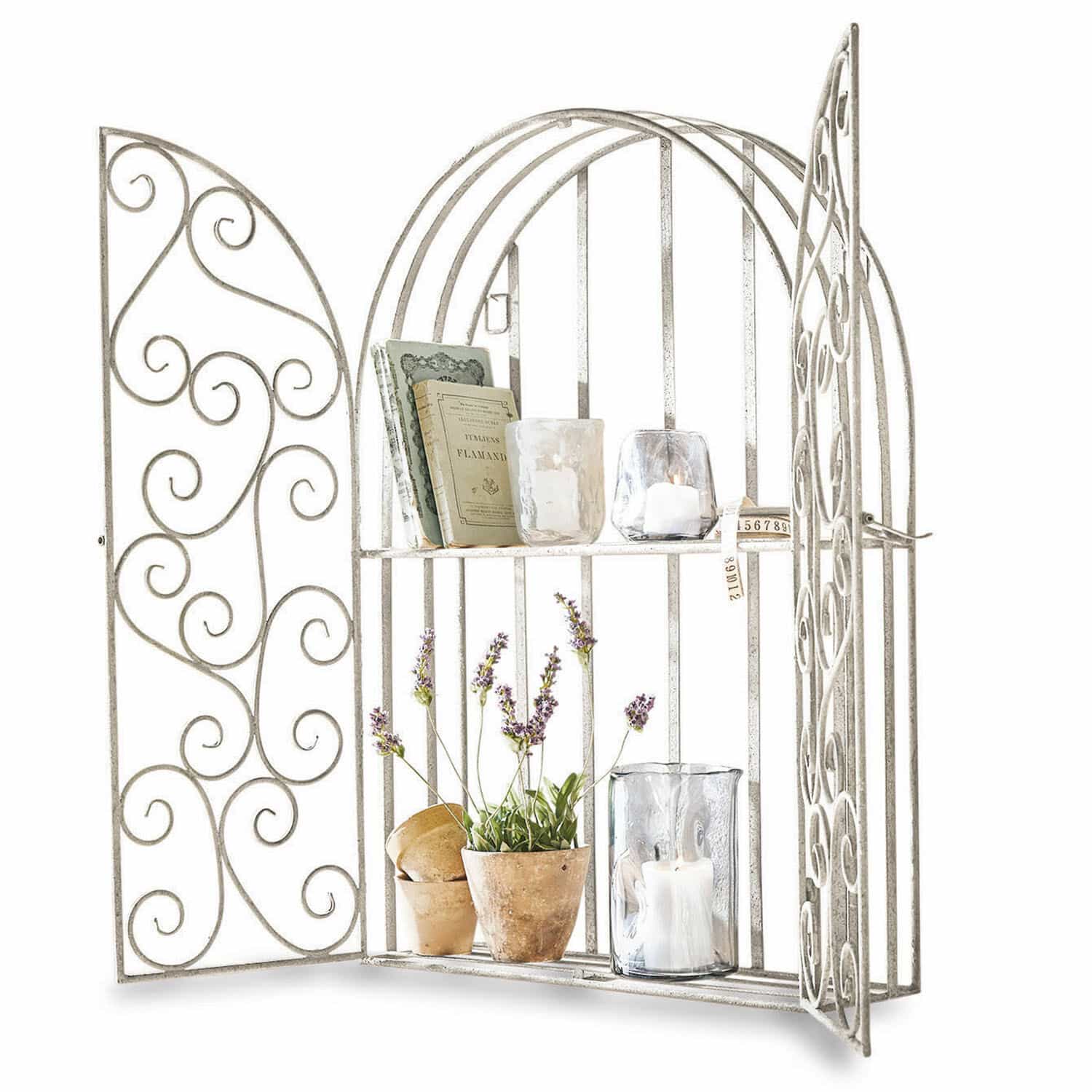 Scaffale da parete Chambellay Mensola da parete in metallo bianco con porte decorative, lavanda e candele decorative
