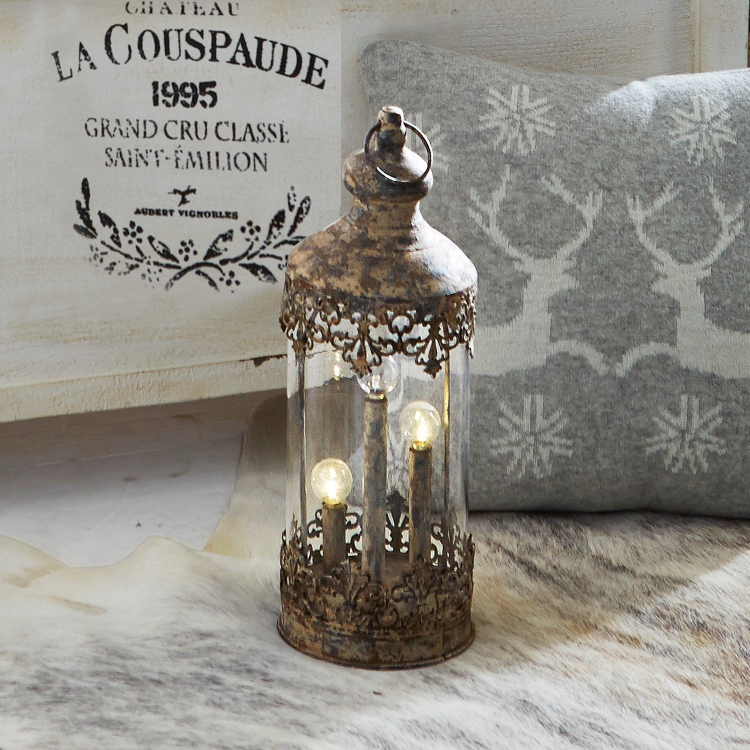 Lanterna Cosette Lanterna decorativa in metallo e vetro stile vintage, marrone, per interni ed esterni