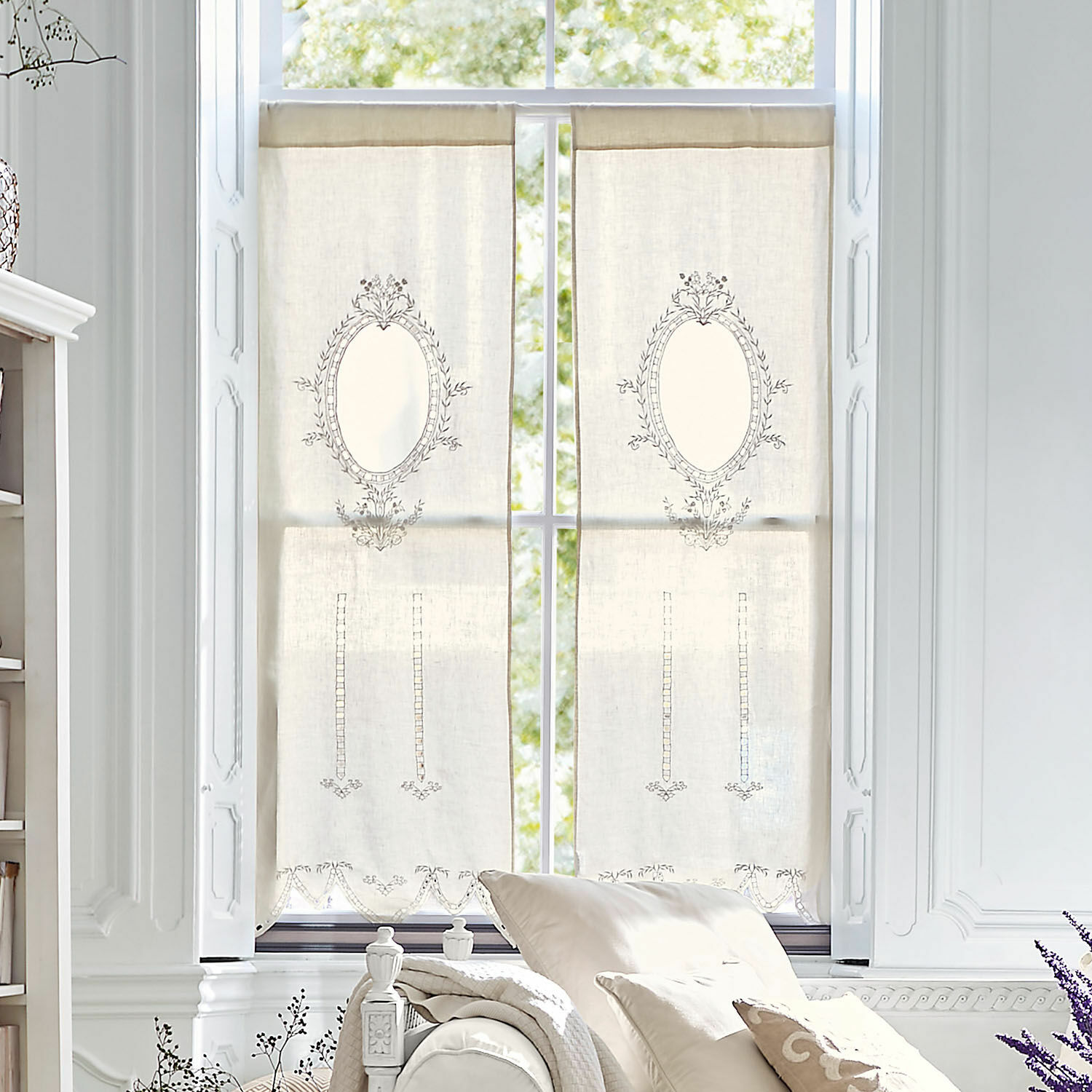 Tendina Loiret Tende in lino beige con ricamo delicato e motivo decorativo per soggiorno, decorazione finestra