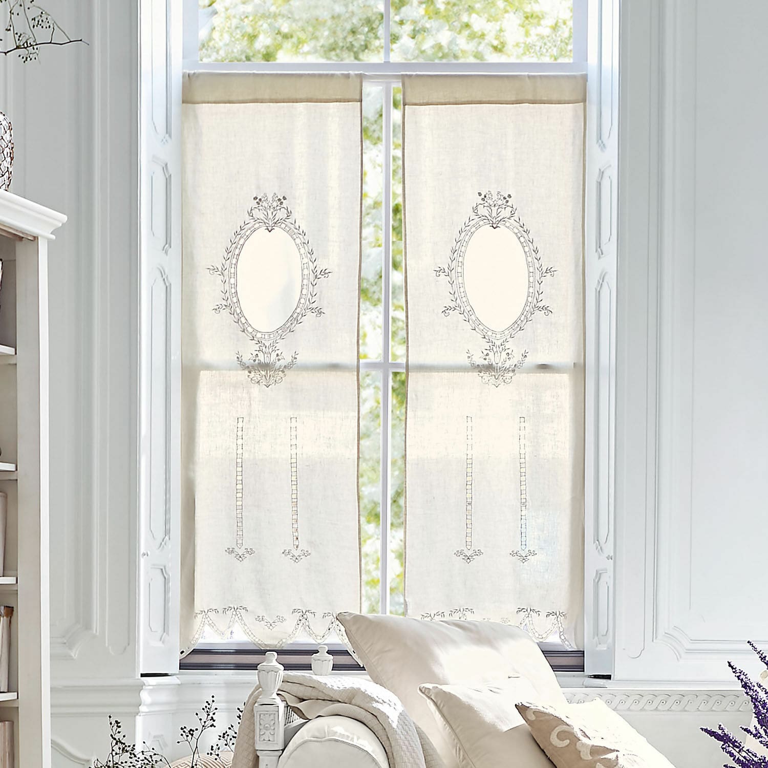 Tendina Loiret Tende in lino beige con ricamo delicato e motivo decorativo per soggiorno, decorazione finestra