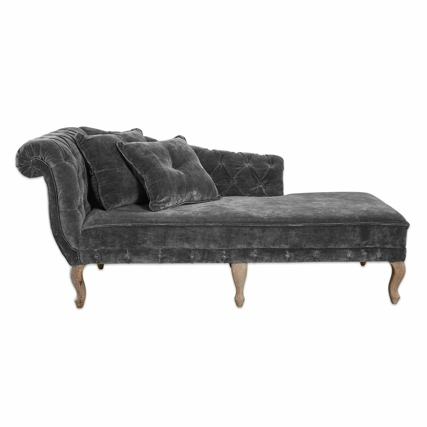 grigio Chaise longue Viviani grigia in velluto con gambe in legno, divano elegante per soggiorno