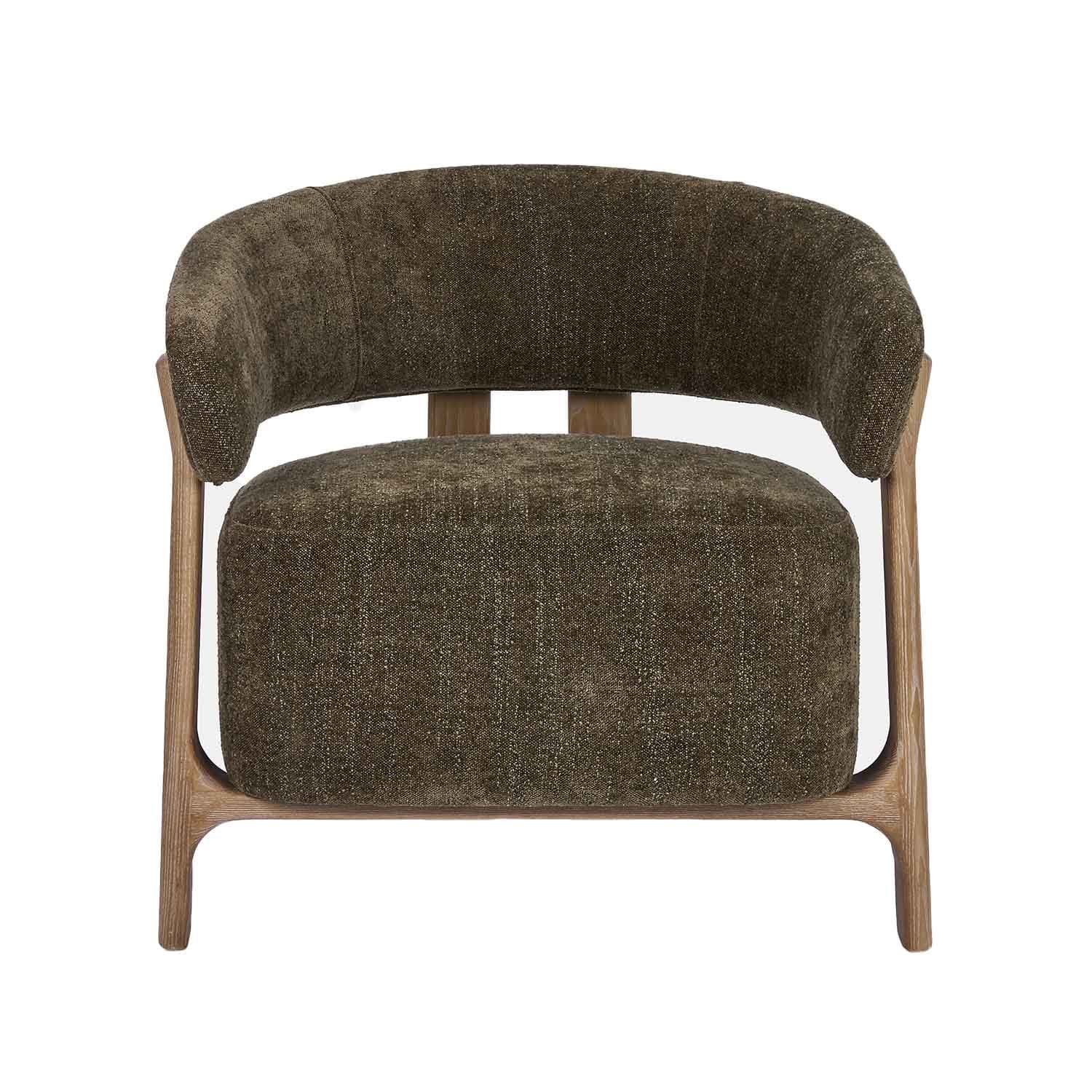 Poltrona con seduta e schienale in tessuto verde scuro su struttura in legno, design moderno