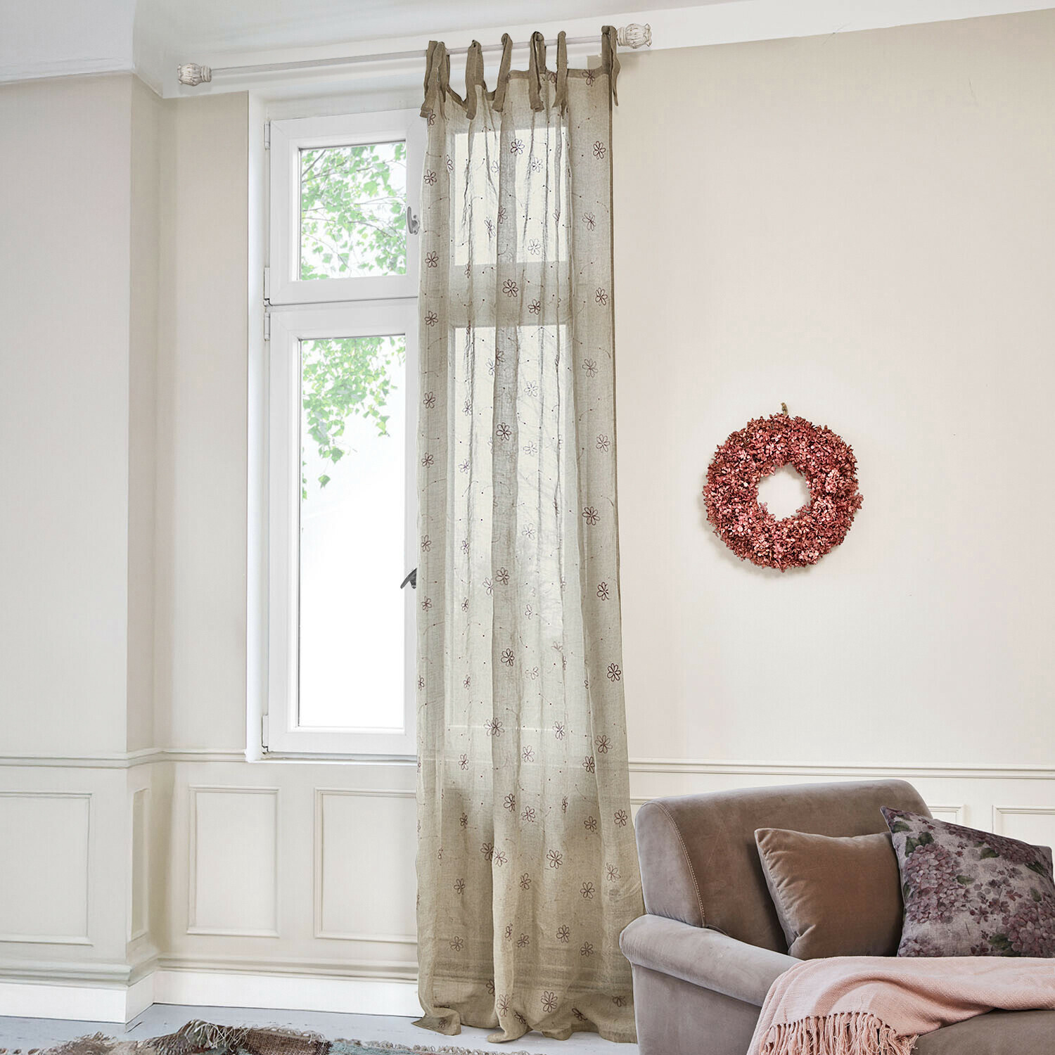 Tenda Amélorie Tenda trasparente in lino beige con motivo floreale per decorazione finestra in soggiorno