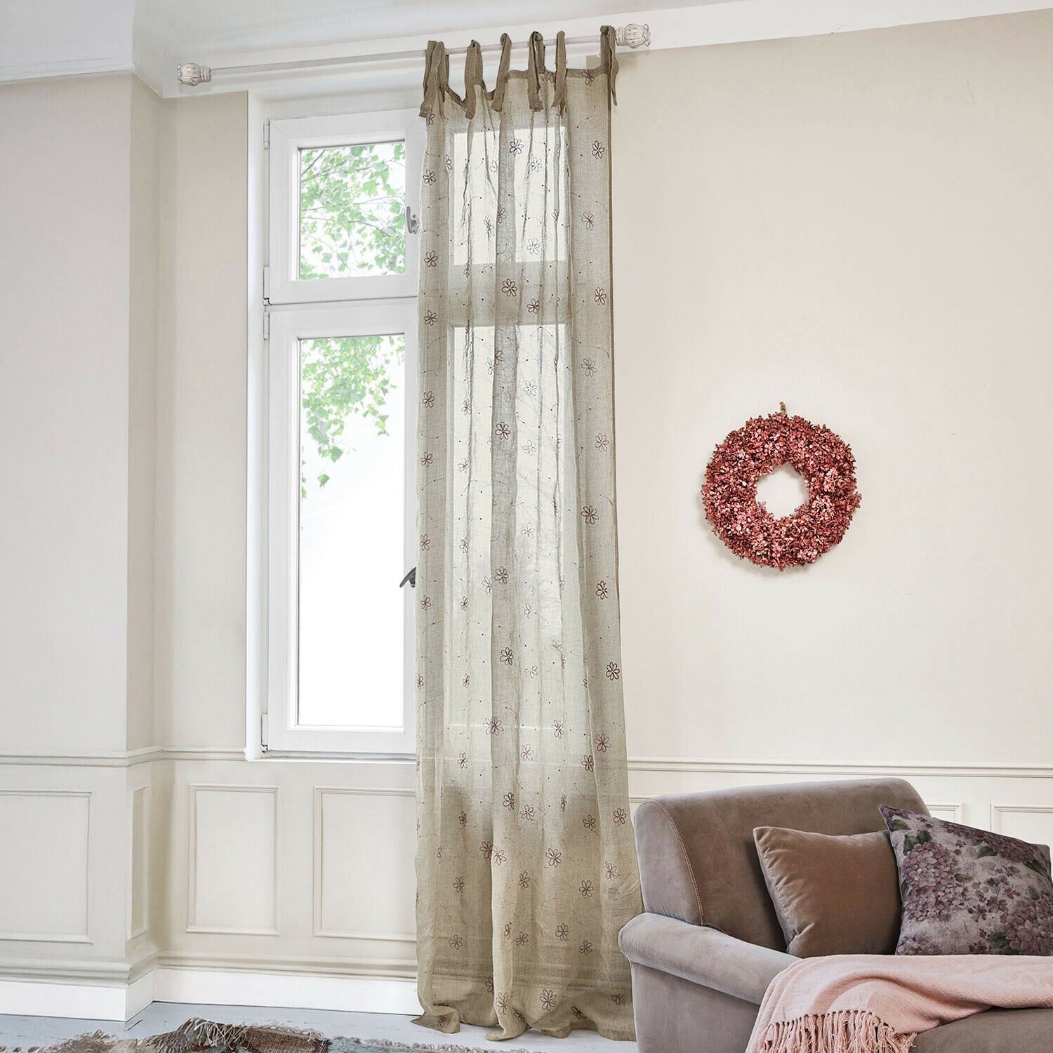 Tenda Amélorie Tenda trasparente in lino beige con motivo floreale per decorazione finestra in soggiorno
