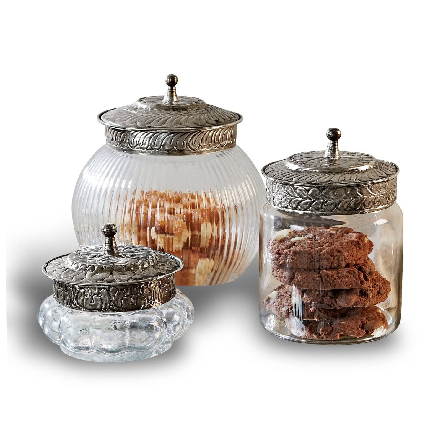 Set di 3 contenitori Plévin Set di tre barattoli in vetro con coperchi in metallo decorativi per biscotti e snack