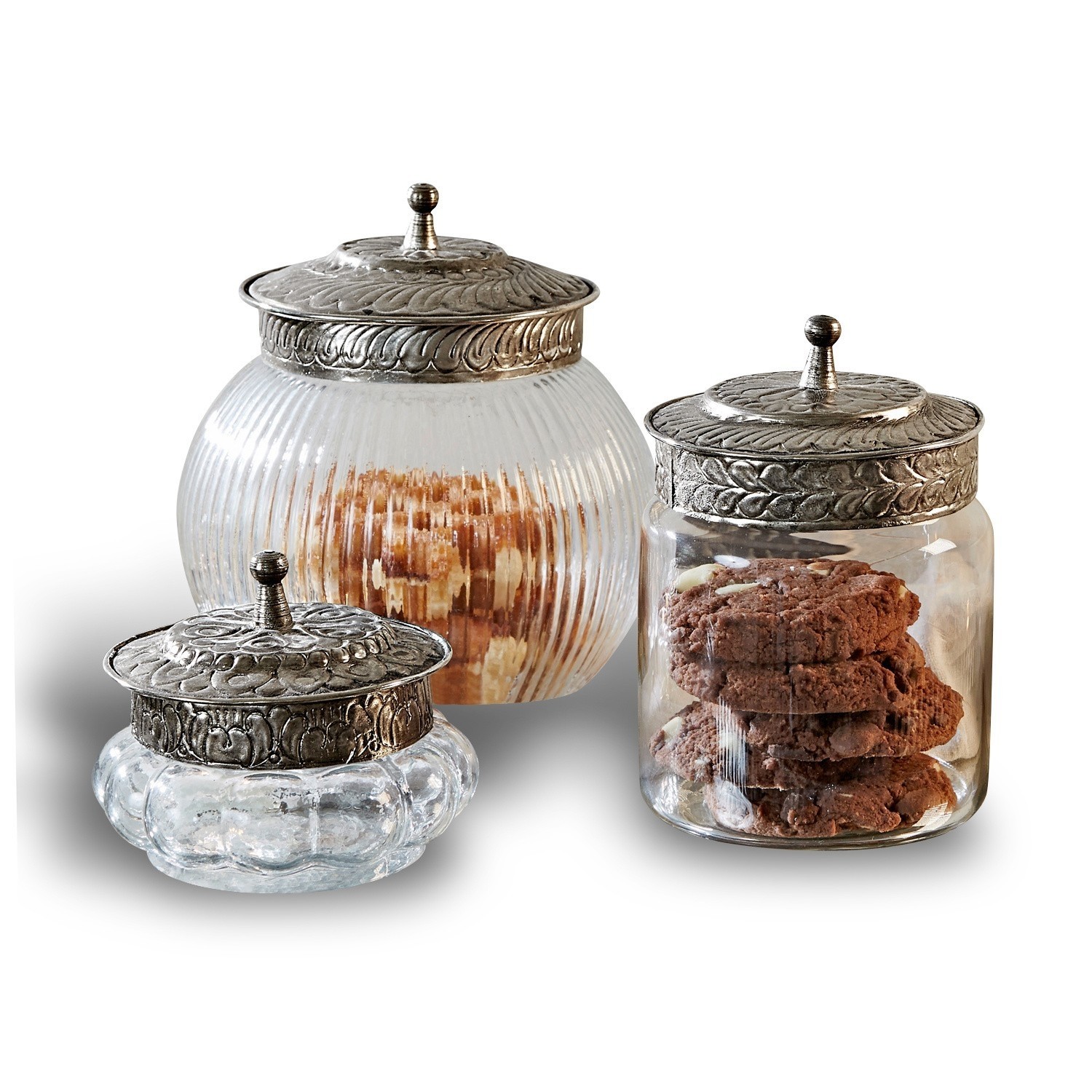 Set di 3 contenitori Plévin Set di tre barattoli in vetro con coperchi in metallo decorativi per biscotti e snack