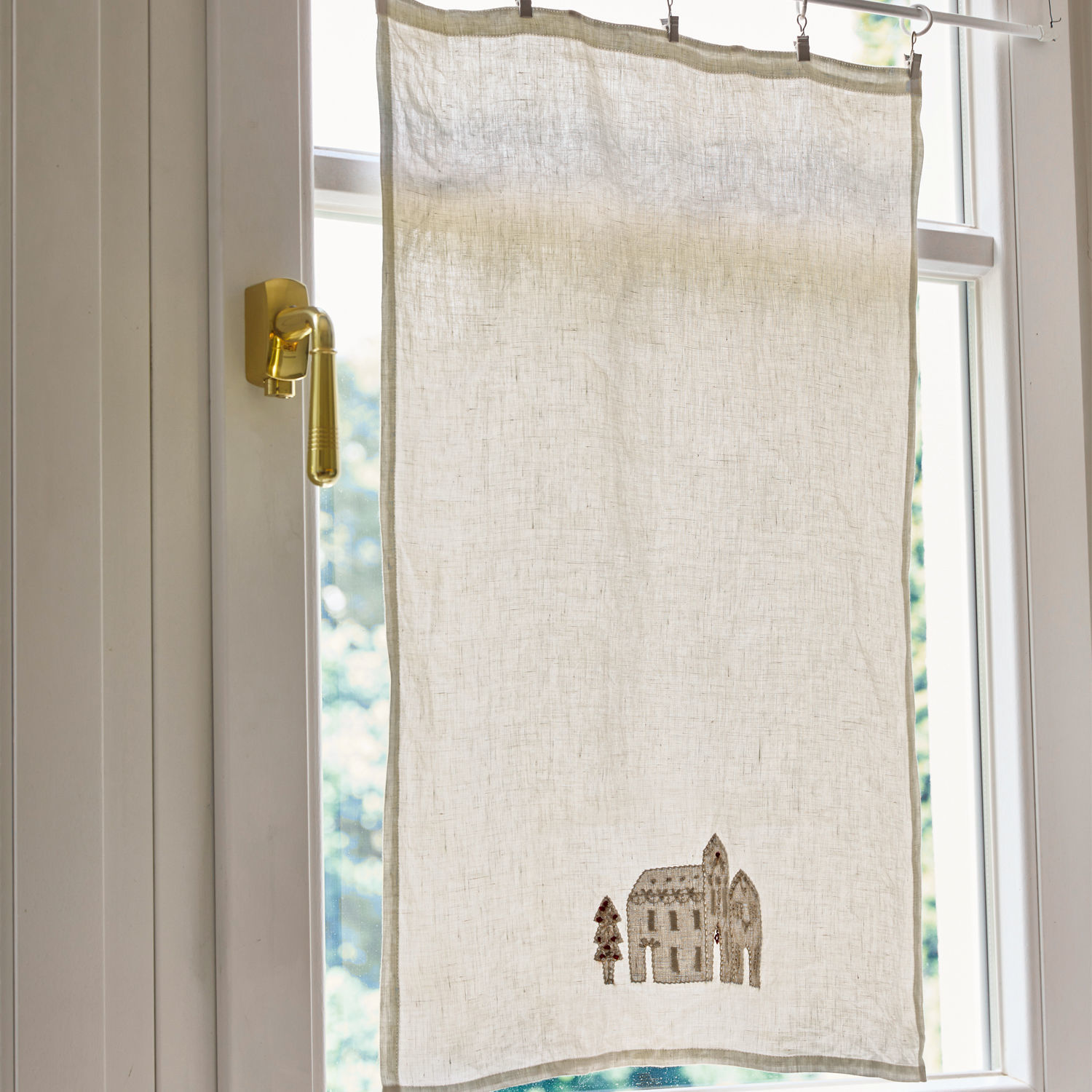 Tendina Marikina Tenda in lino beige con ricamo di casa e albero, decorazione elegante per finestra