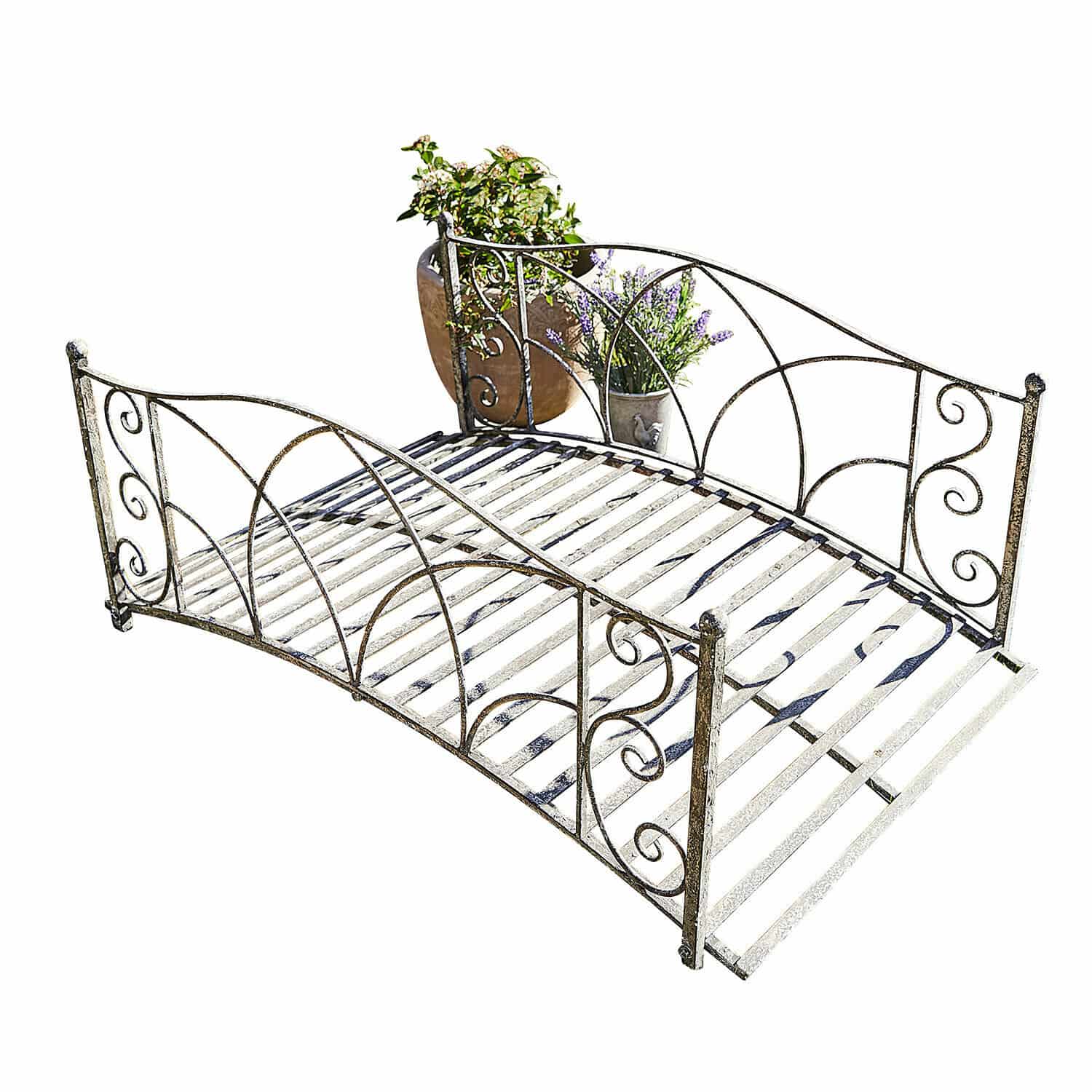 Ponte decorativo Escàs Panchina da giardino in metallo stile vintage con decorazioni ornamentali e spazio per piante