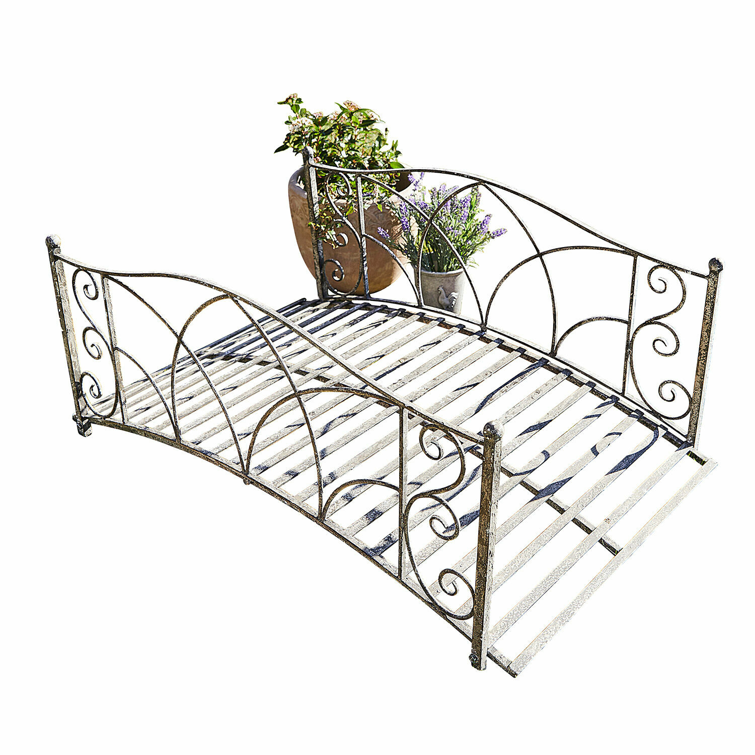 Ponte decorativo Escàs Panchina da giardino in metallo stile vintage con decorazioni ornamentali e spazio per piante