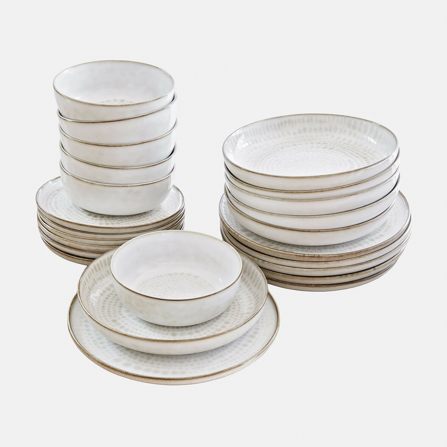 Set di 24 stoviglie Marnis Set di stoviglie in ceramica bianca con motivo delicato e bordo marrone, piatti e ciotole impilati