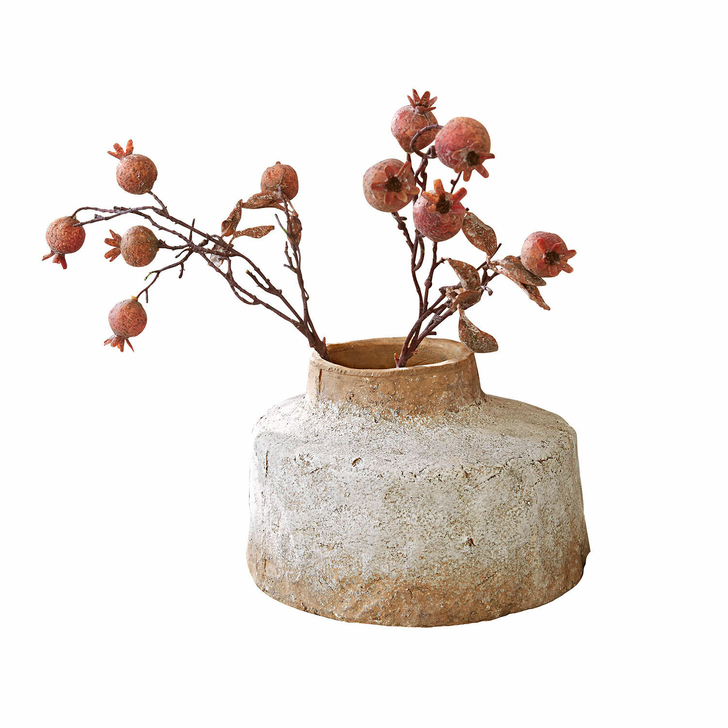 Vaso Sévrac Vaso rustico in ceramica beige con rami decorativi e frutti di melograno rossi
