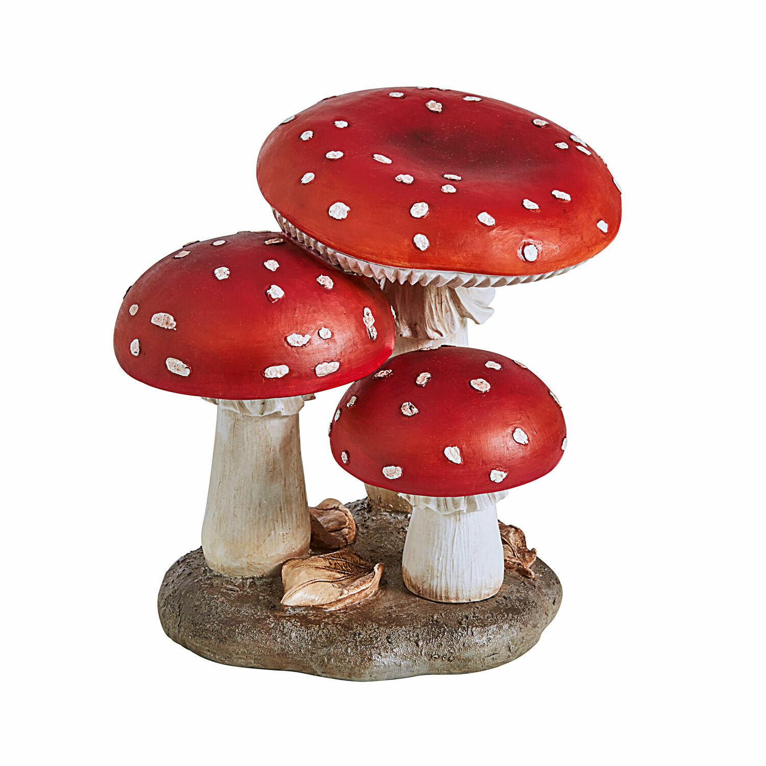 Funghi decorativi Lupton Decorazione con tre funghi rossi a pois bianchi su base marrone con foglie, ornamento da giardino