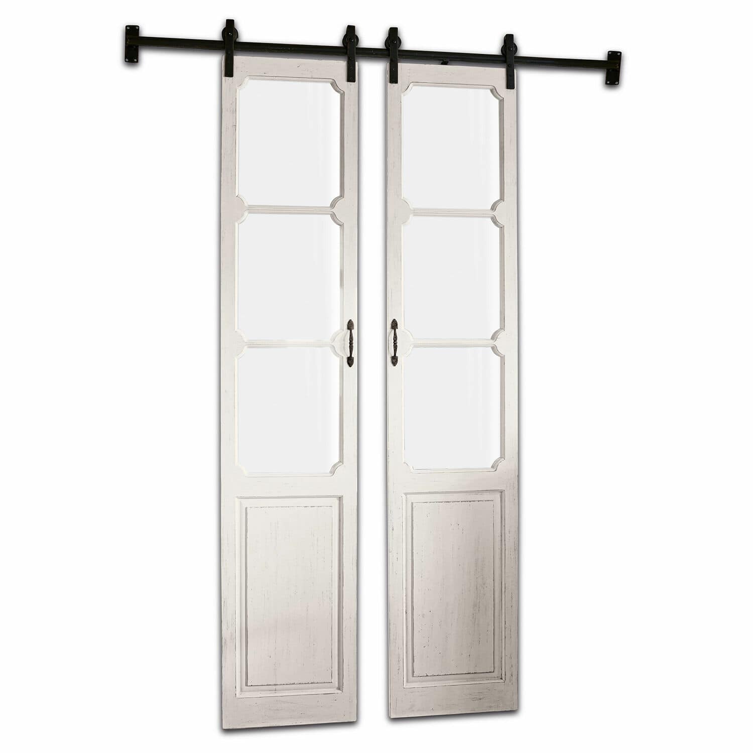 Porta scorrevole a doppia anta Tibout Porte scorrevoli bianche in legno con pannelli in vetro e sistema di binari in metallo nero
