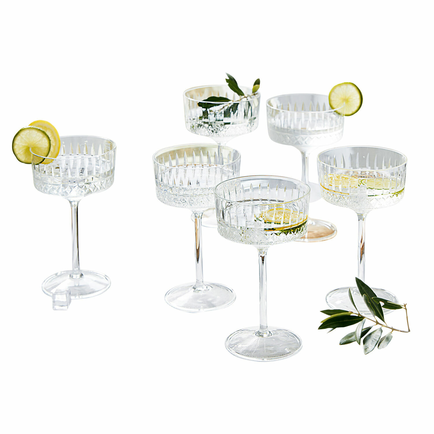 Set di 6 calici da spumante Deion Set di sei bicchieri da cocktail in cristallo con decorazioni di limone e foglie verdi