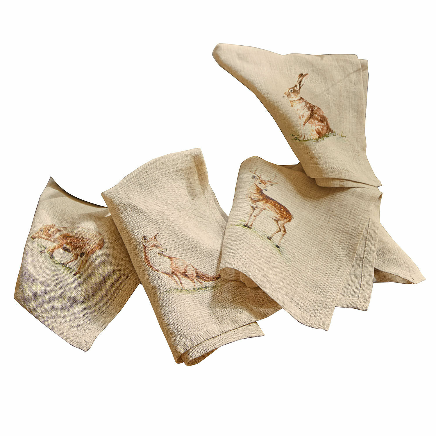 Set di 4 tovaglioli Doucier Tovaglioli in lino beige con stampe di animali della foresta, ideali per decorazioni autunnali della tavola