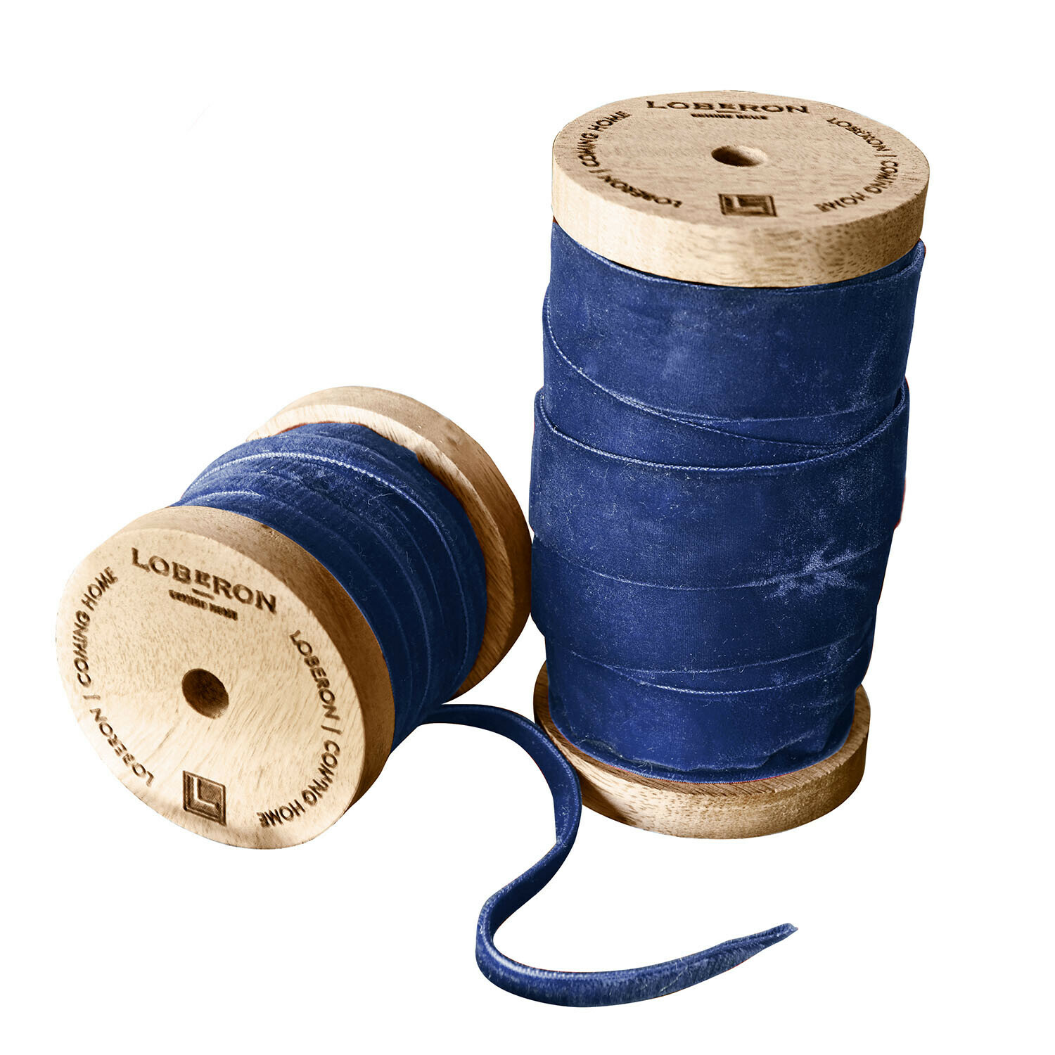 blu scuro Set di due nastri in velluto blu scuro su bobine di legno per decorazioni e lavori manuali