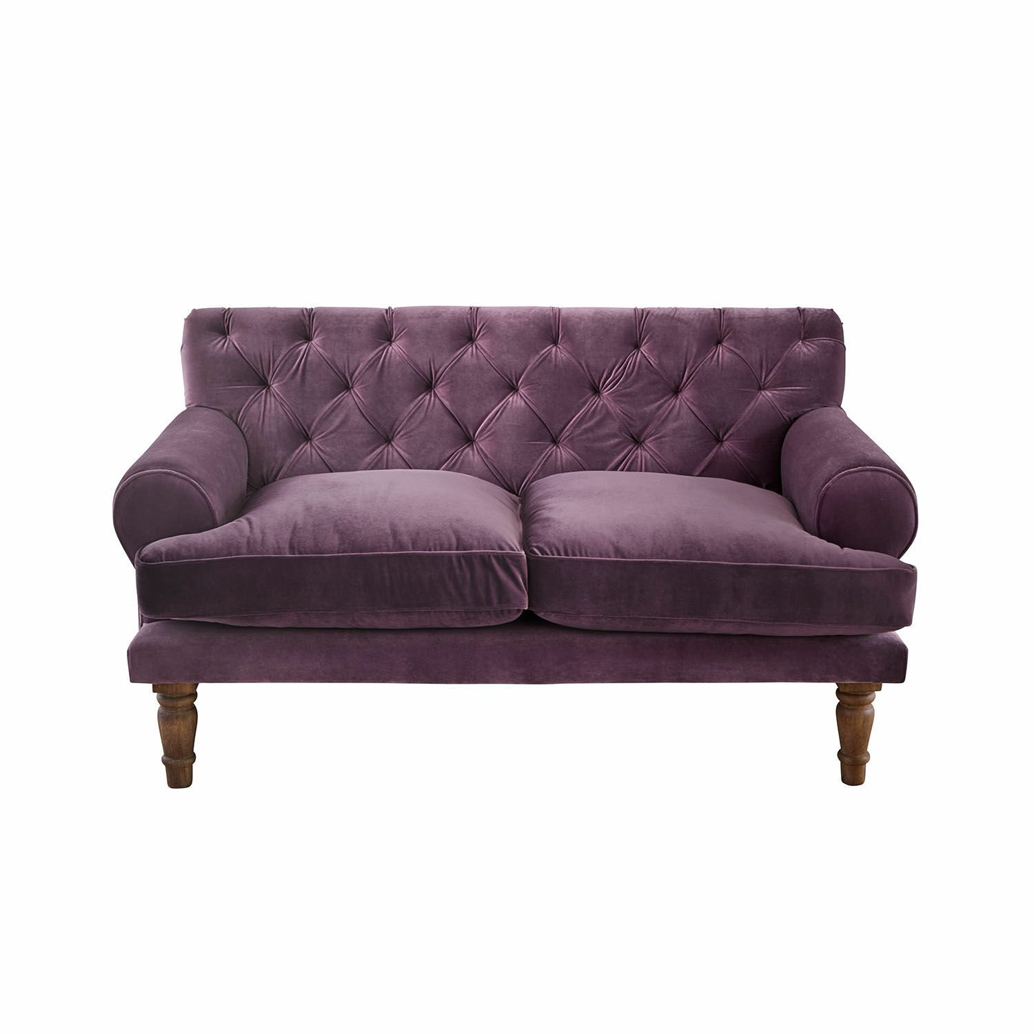viola Divano viola in velluto con schienale capitonné e gambe in legno, mobile elegante per soggiorno