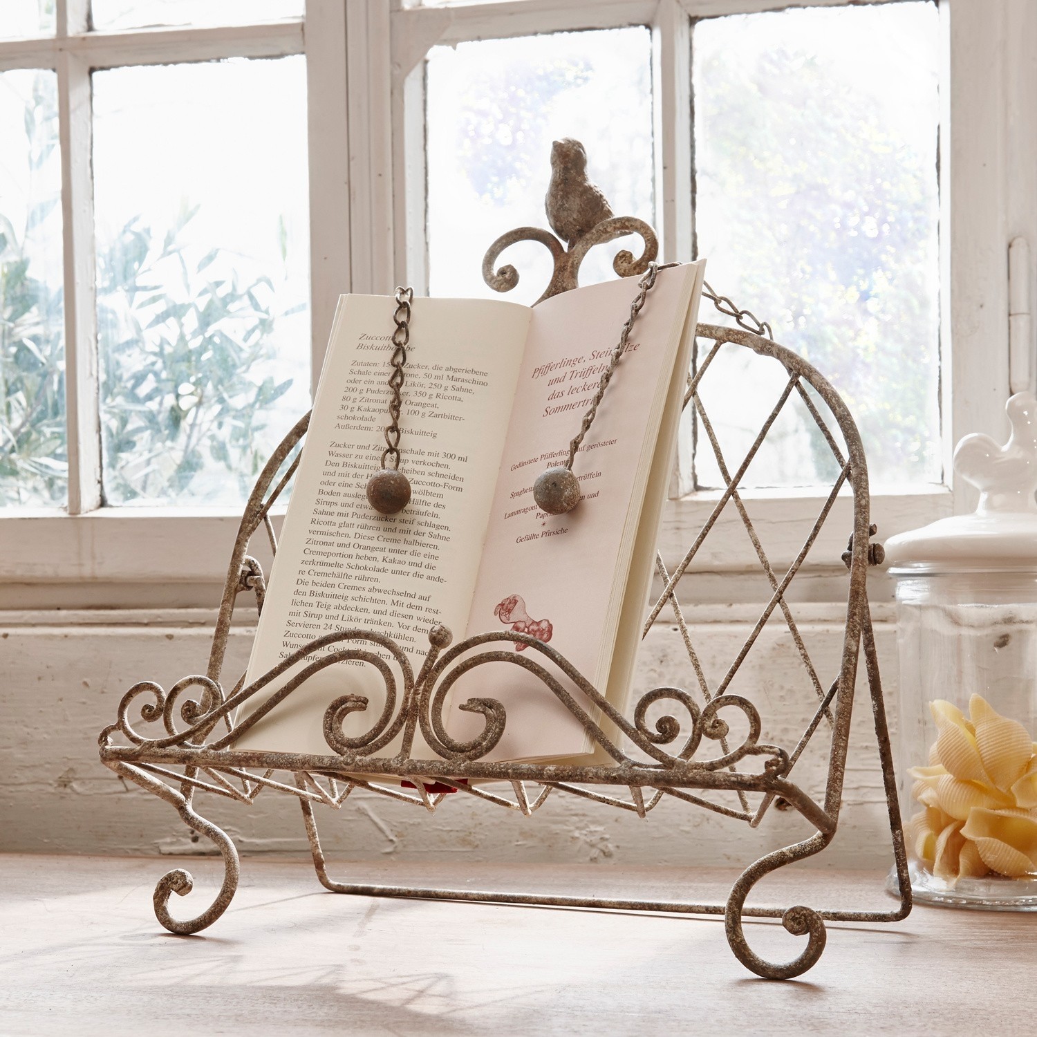 Leggio Fossat Porta libri in metallo stile vintage con patina antica e catene decorative con sfere