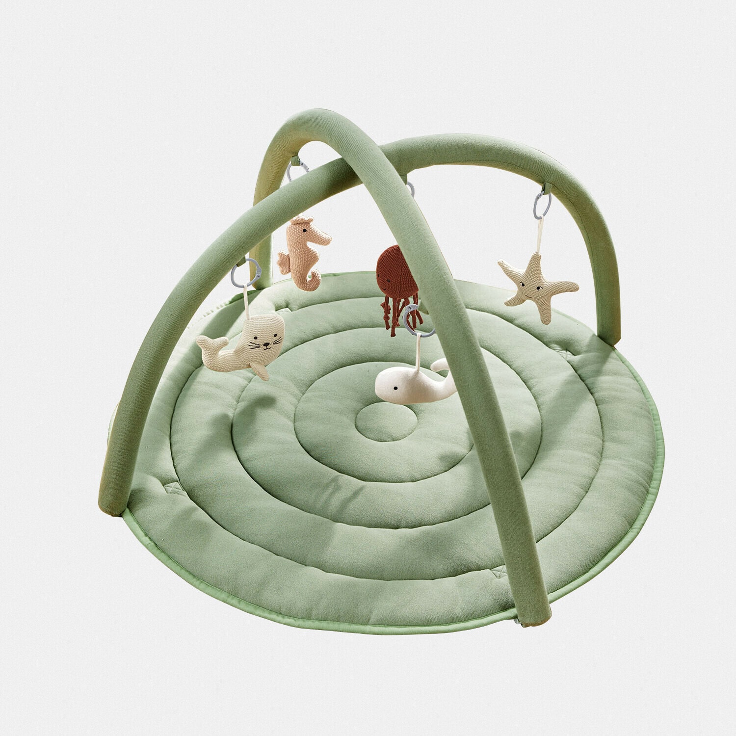Palestrina per bambini Bubbilo Morbido tappeto gioco verde con archi e giocattoli appesi a forma di animali marini per neonati