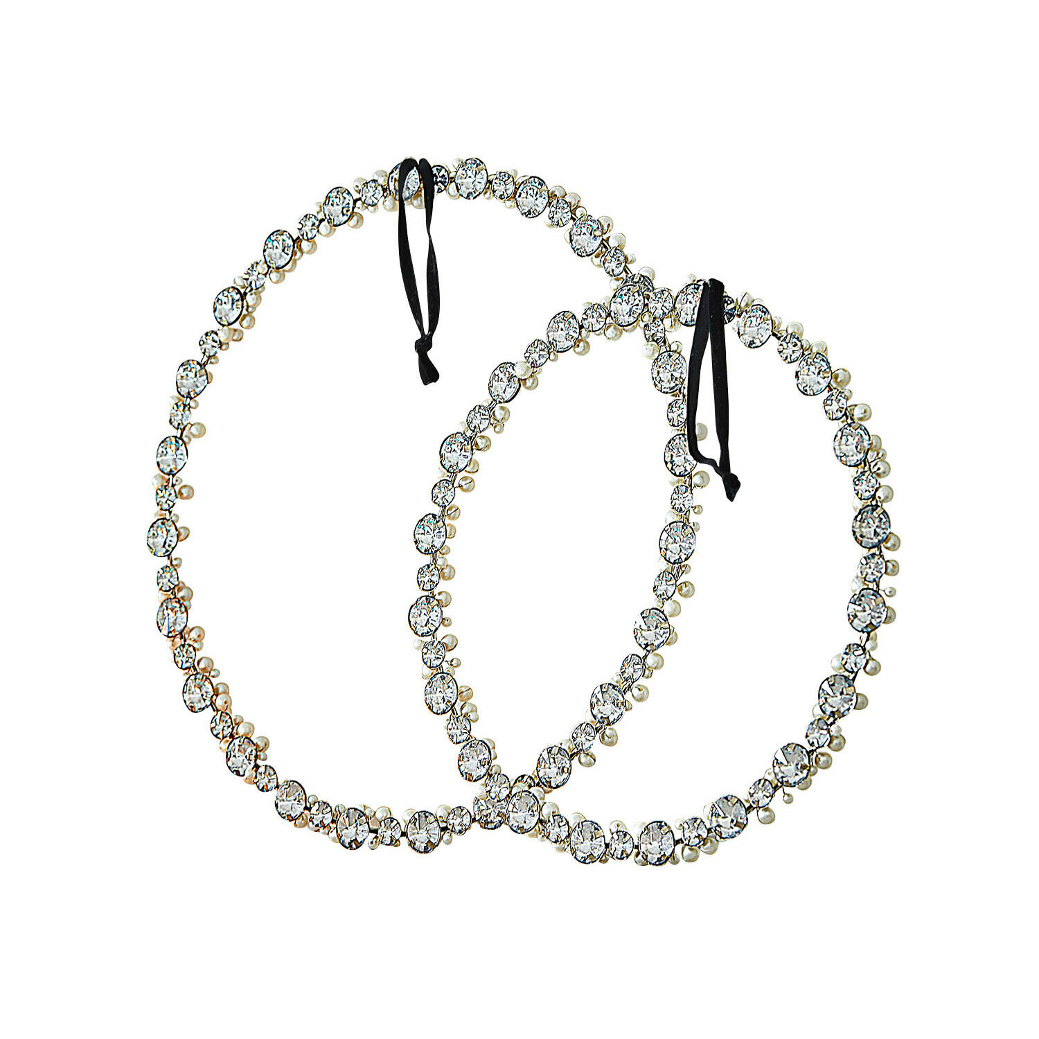 Due corone decorative rotonde con cristalli e perle su nastri neri per appendere