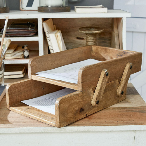 Organizzatore pieghevole in legno naturale per documenti, ideale per ufficio e casa