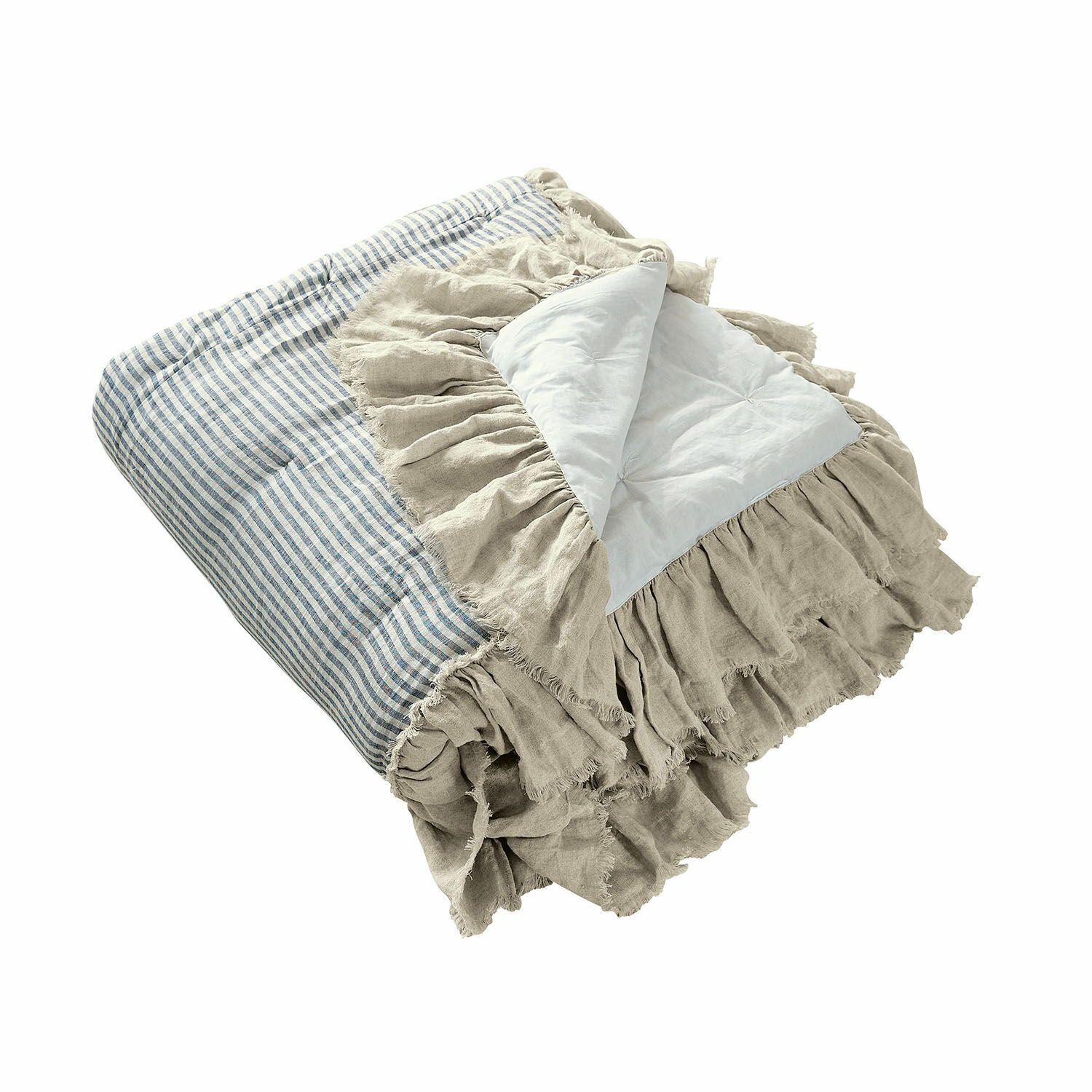 Trapunta Alexane Trapunta in lino beige trapuntata con righe blu e volant, biancheria da letto decorativa
