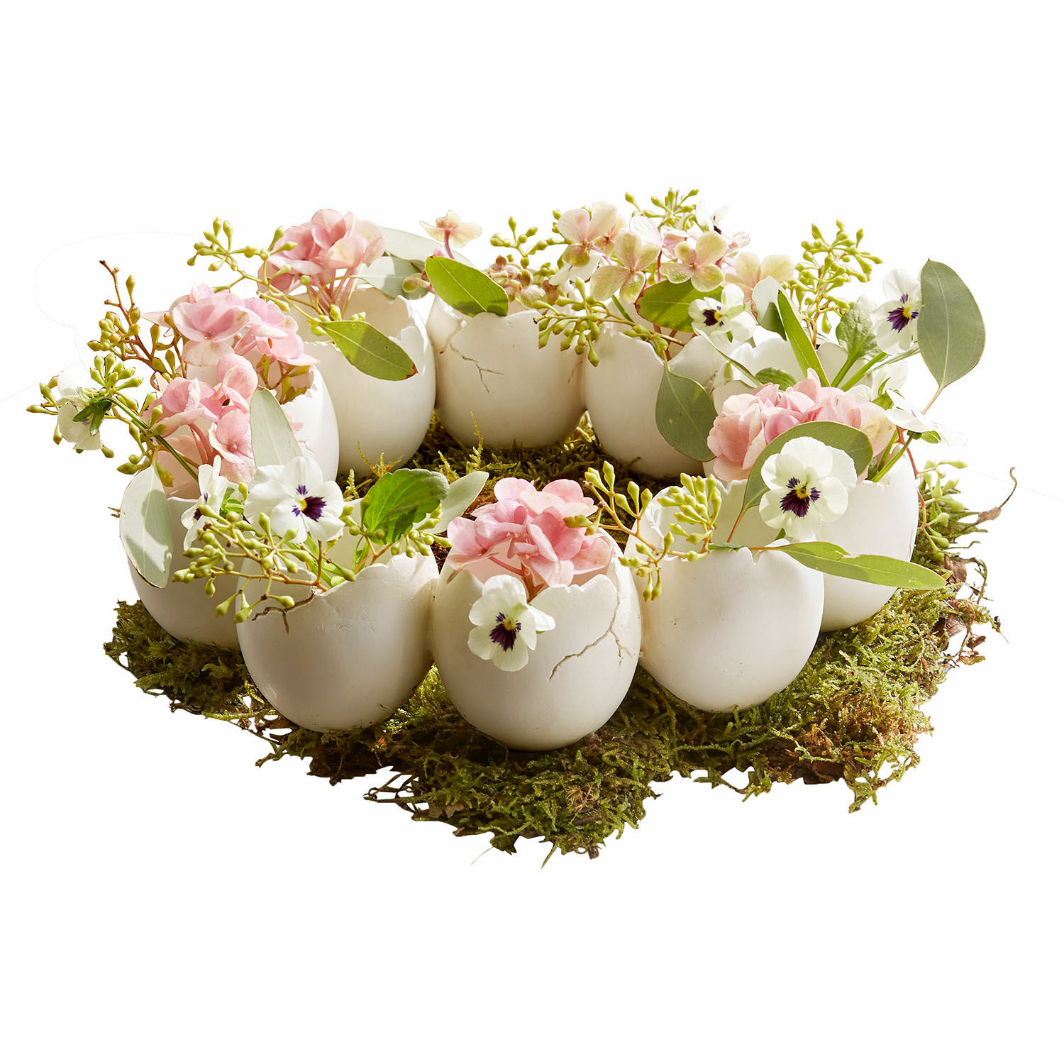 Corona di vasetti Civiti Corona decorativa di gusci d'uovo bianchi con fiori rosa e bianchi su muschio verde