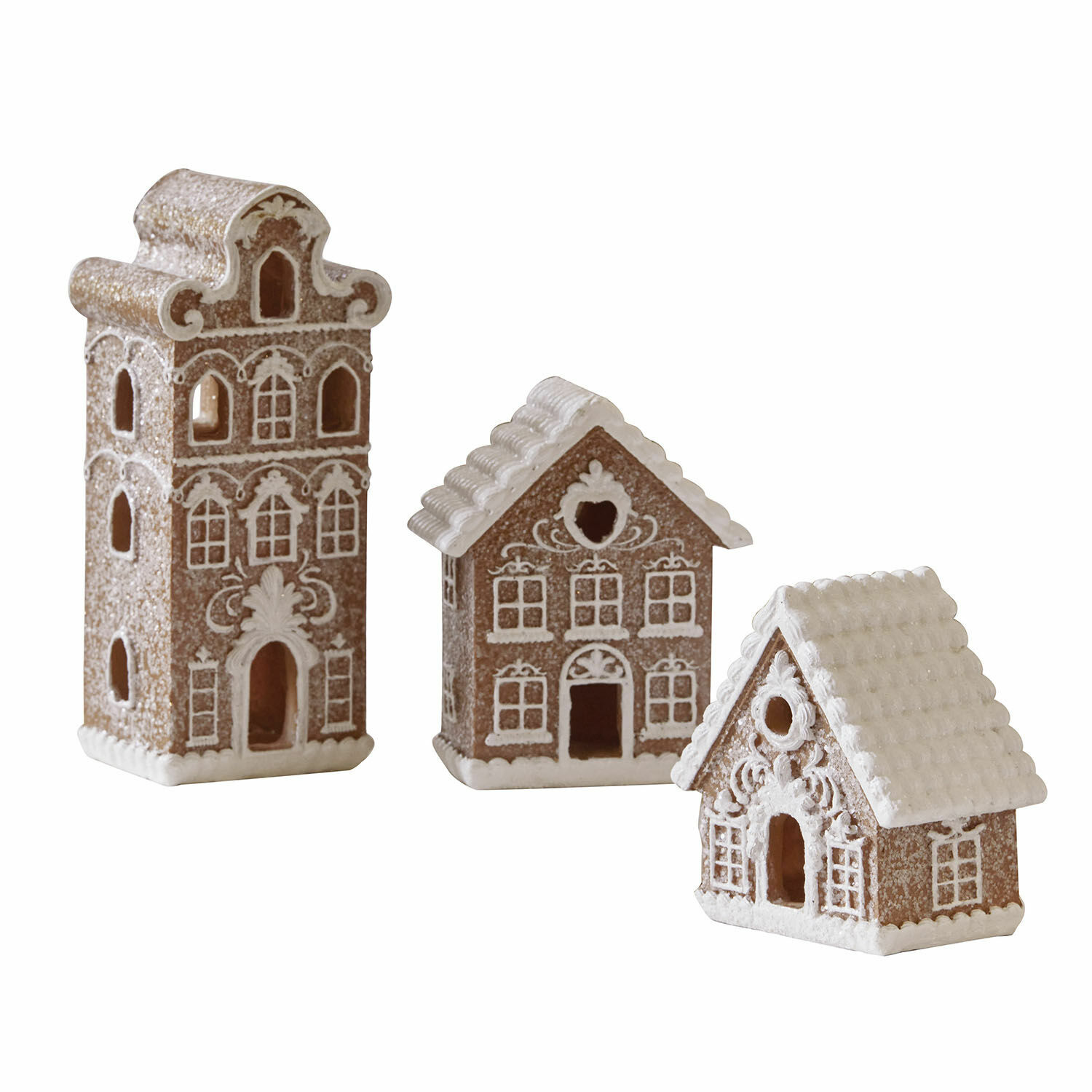Set di 3 casette decorative Gabin Set di tre casette in ceramica marrone decorate con bianco, stile pan di zenzero per decorazioni natalizie