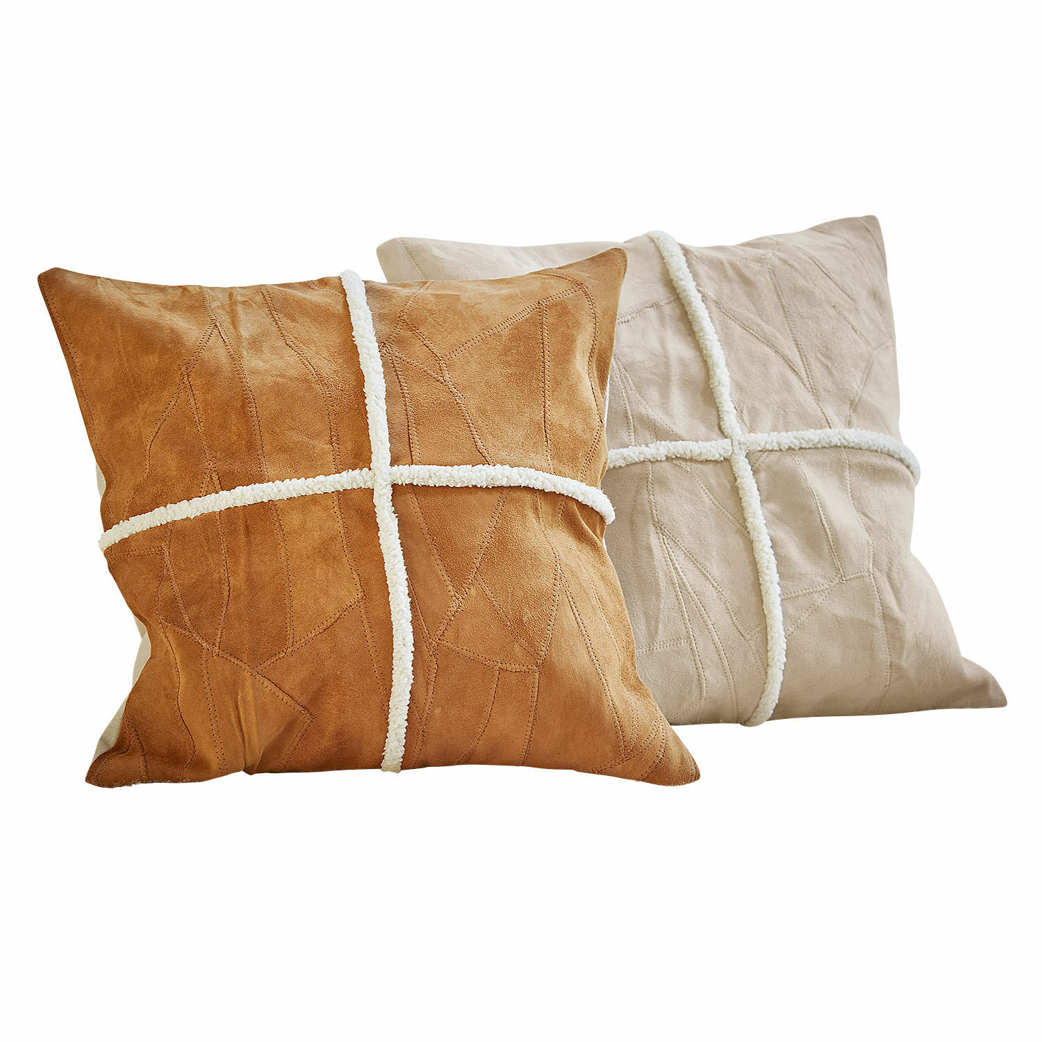 Coppia di copricuscini Raminya Set di due cuscini decorativi in pelle scamosciata marrone e beige con motivo a croce bianca