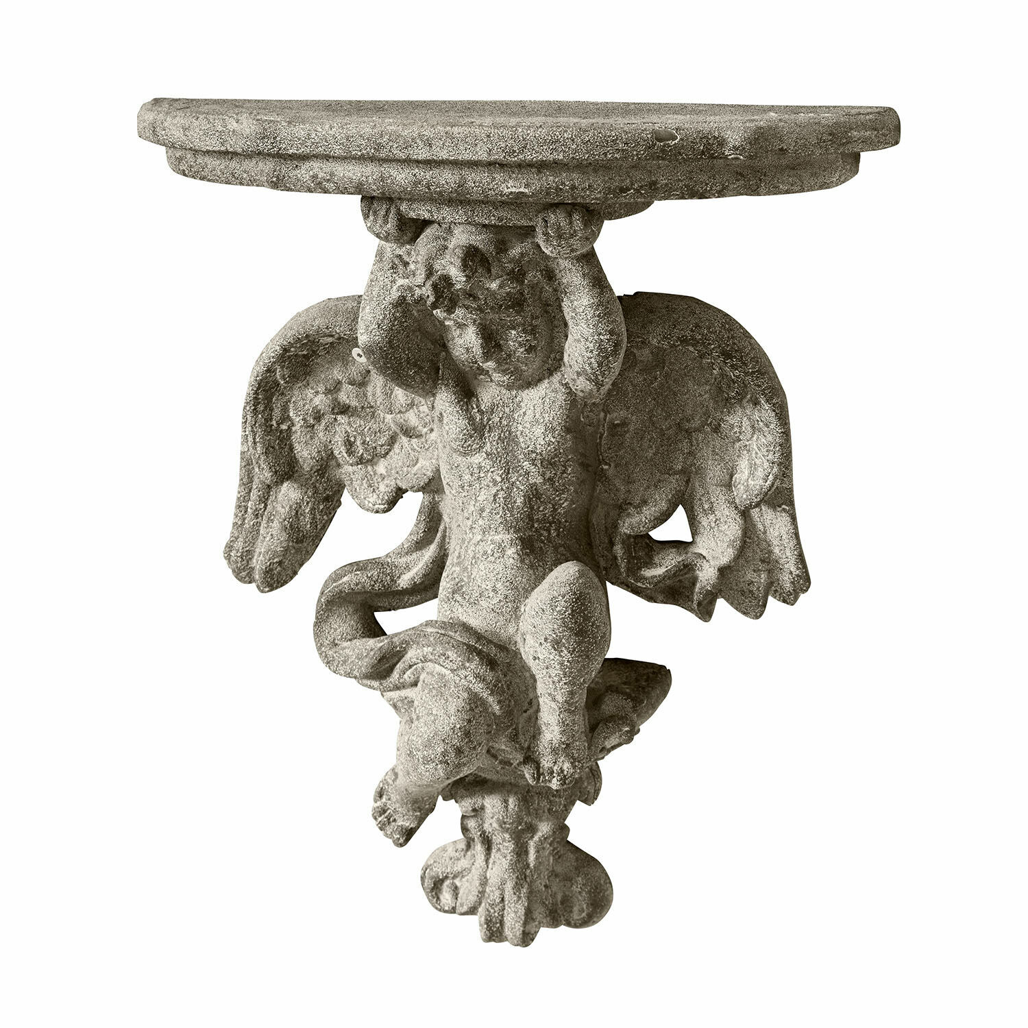Mensola da parete Deronza Tavolo da parete in pietra grigia con angelo scolpito, mobile decorativo per giardino o interno