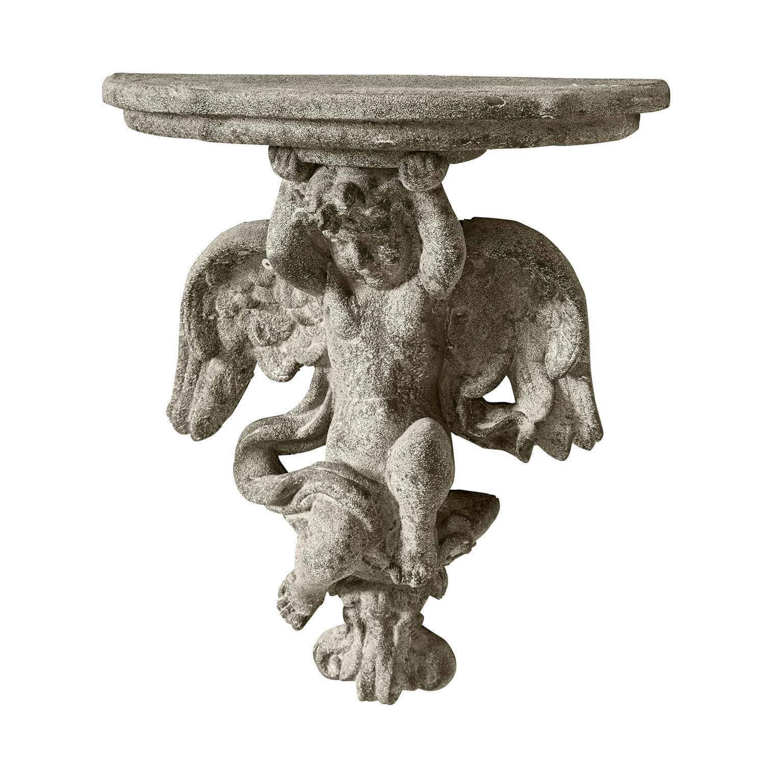 Mensola da parete Deronza Tavolo da parete in pietra grigia con angelo scolpito, mobile decorativo per giardino o interno