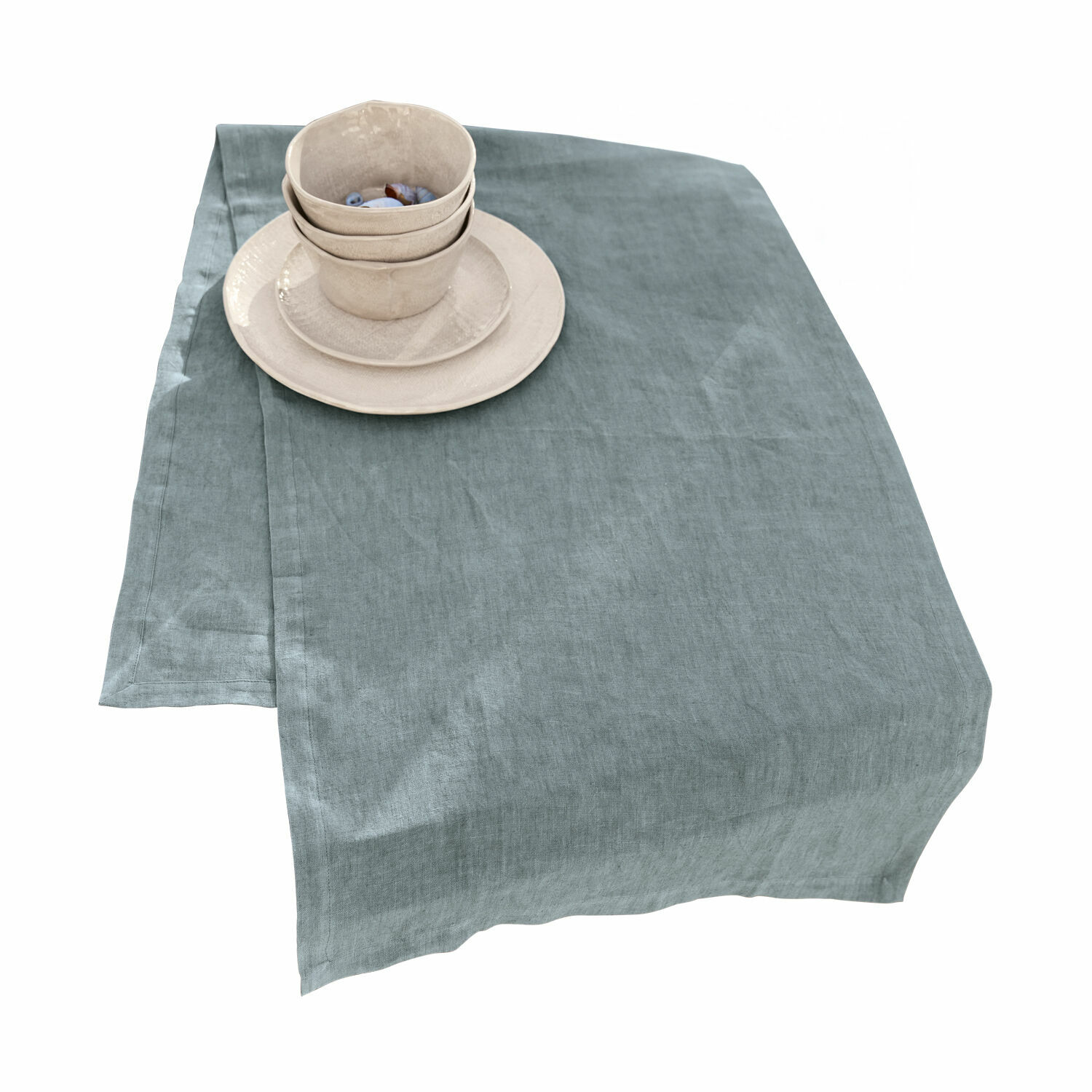 Runner Bursinel Tovaglia in lino grigio-blu con ceramica beige, decorazione elegante per tavola