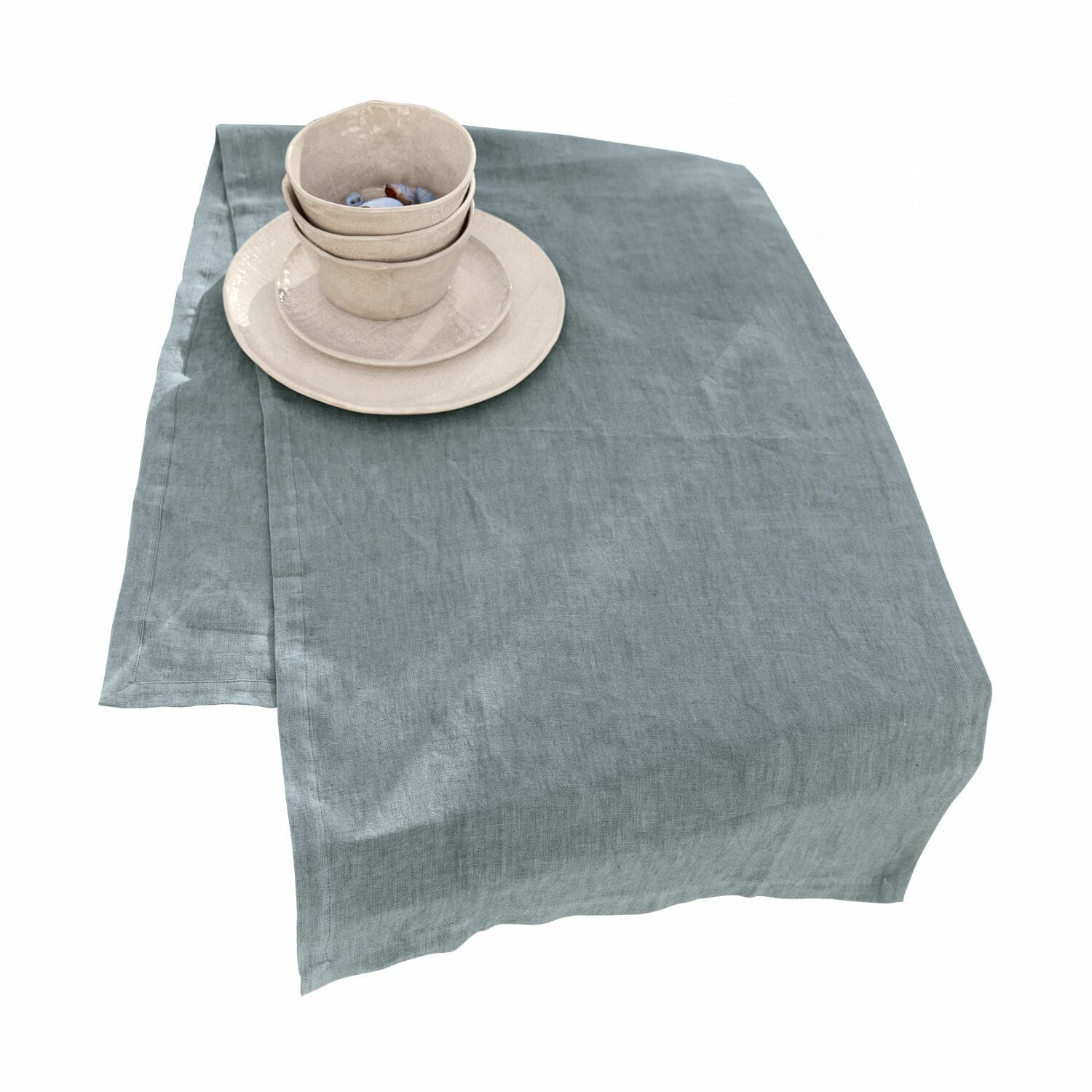 Runner Bursinel Tovaglia in lino grigio-blu con ceramica beige, decorazione elegante per tavola