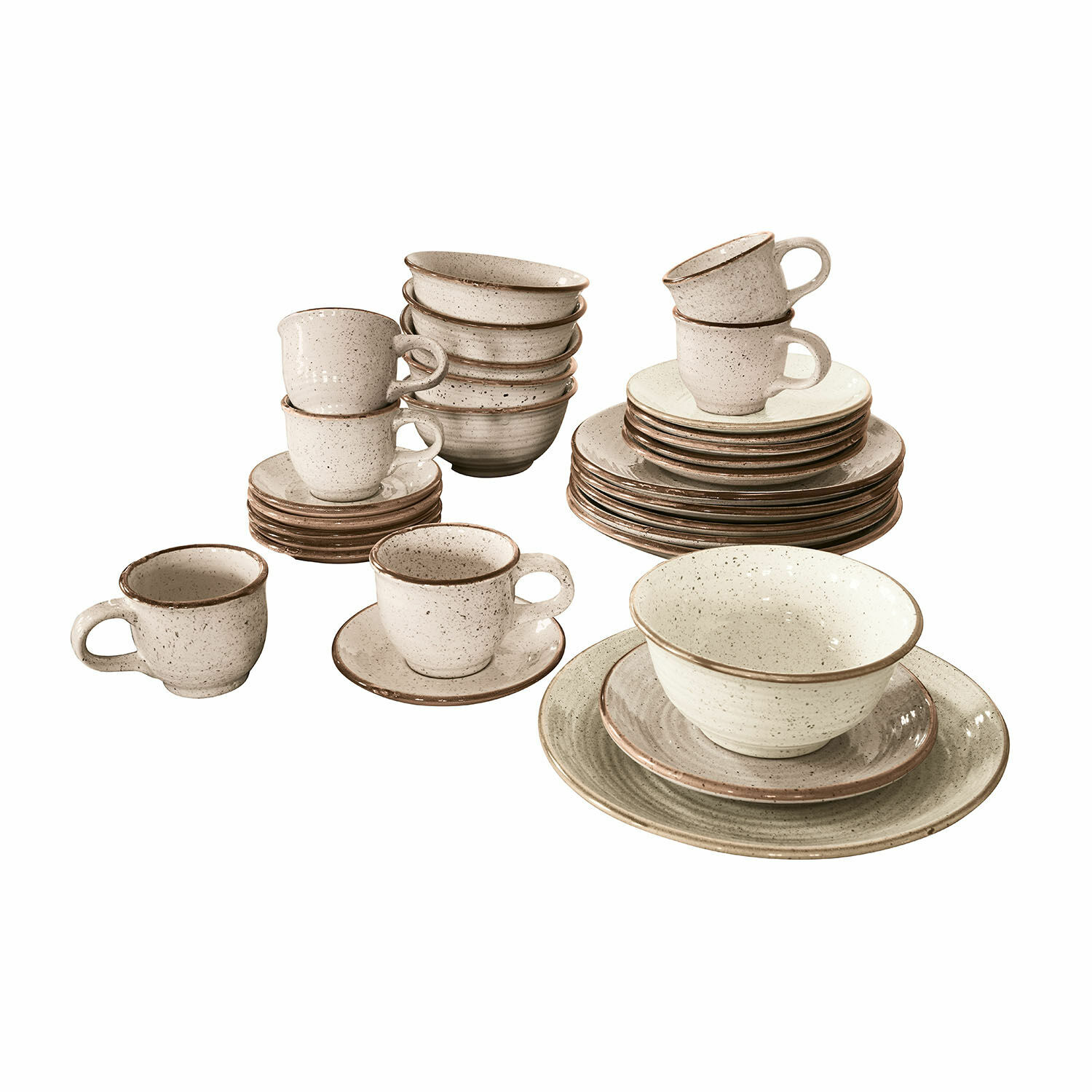 Set di 30 stoviglie Murray Set di stoviglie in ceramica crema con bordo marrone, piatti, ciotole e tazze impilate
