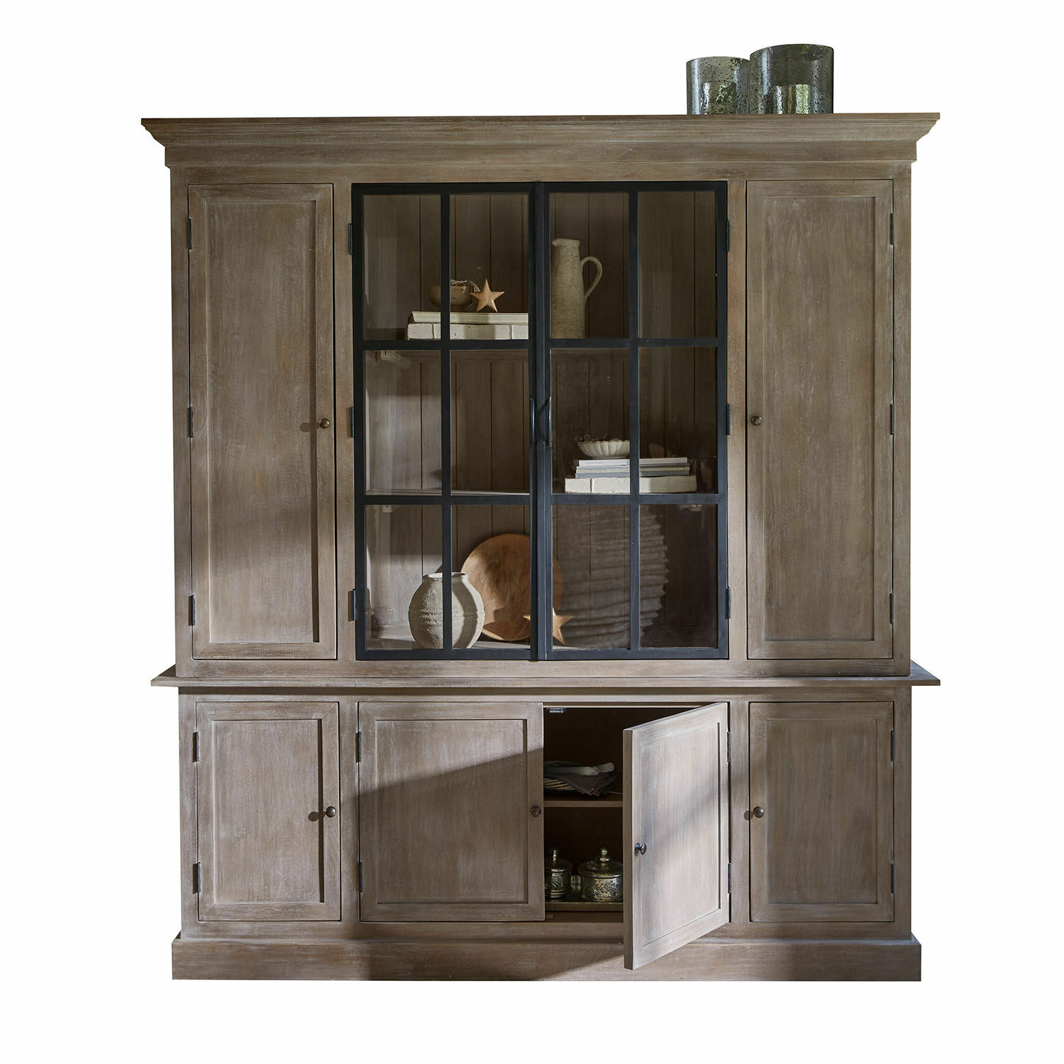 Credenza Valandor Grande vetrina in legno naturale con ante in vetro e ripiani, mobile per soggiorno