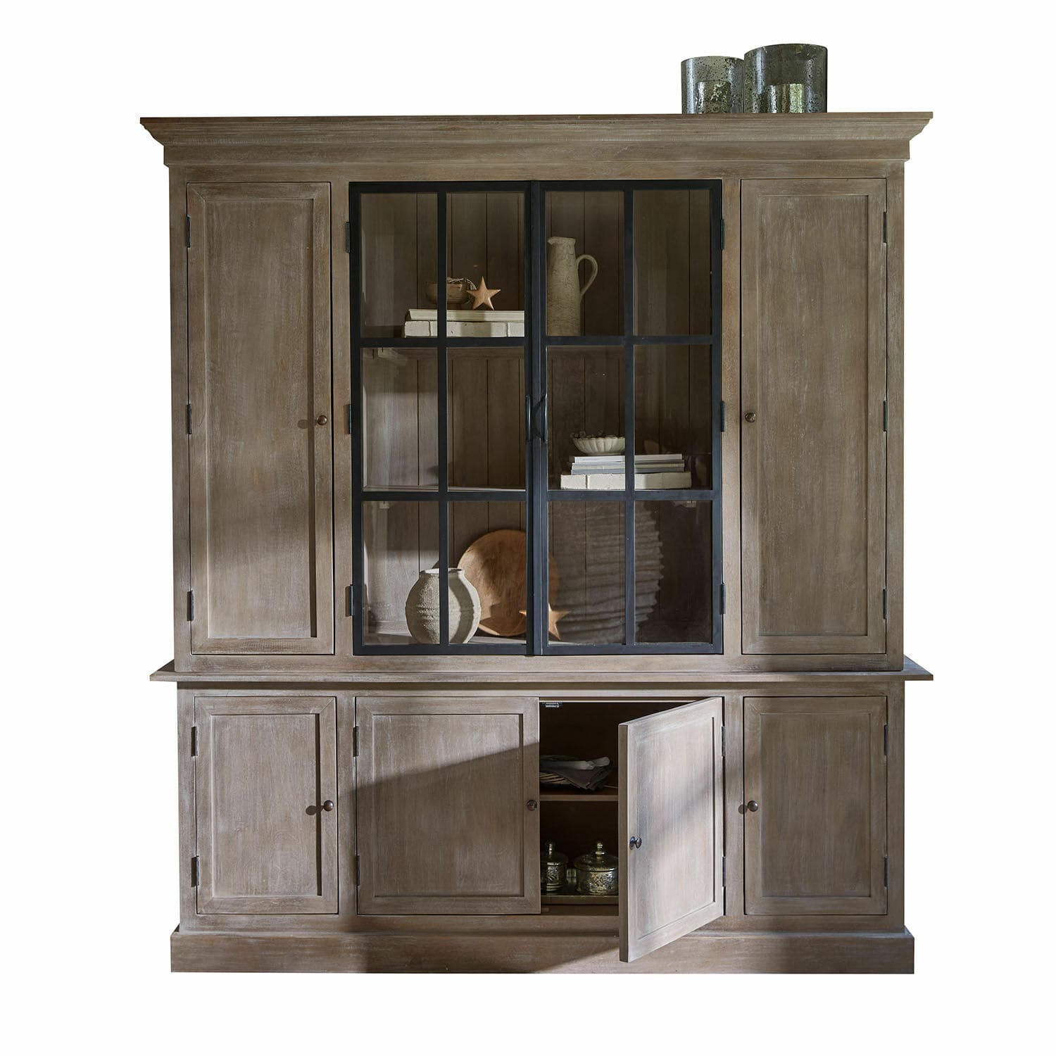 Credenza Valandor Grande vetrina in legno naturale con ante in vetro e ripiani, mobile per soggiorno