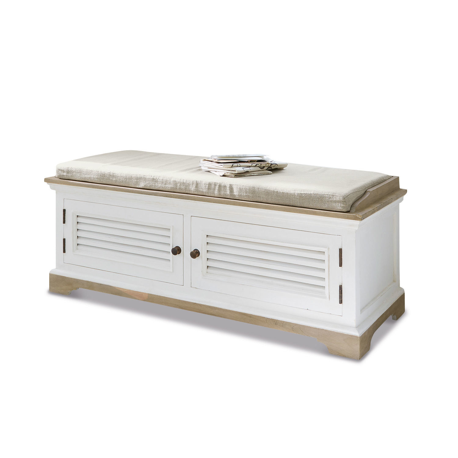 Panca Frauke Panca in legno di mango bianco e naturale con cuscino beige e spazio contenitore per riviste