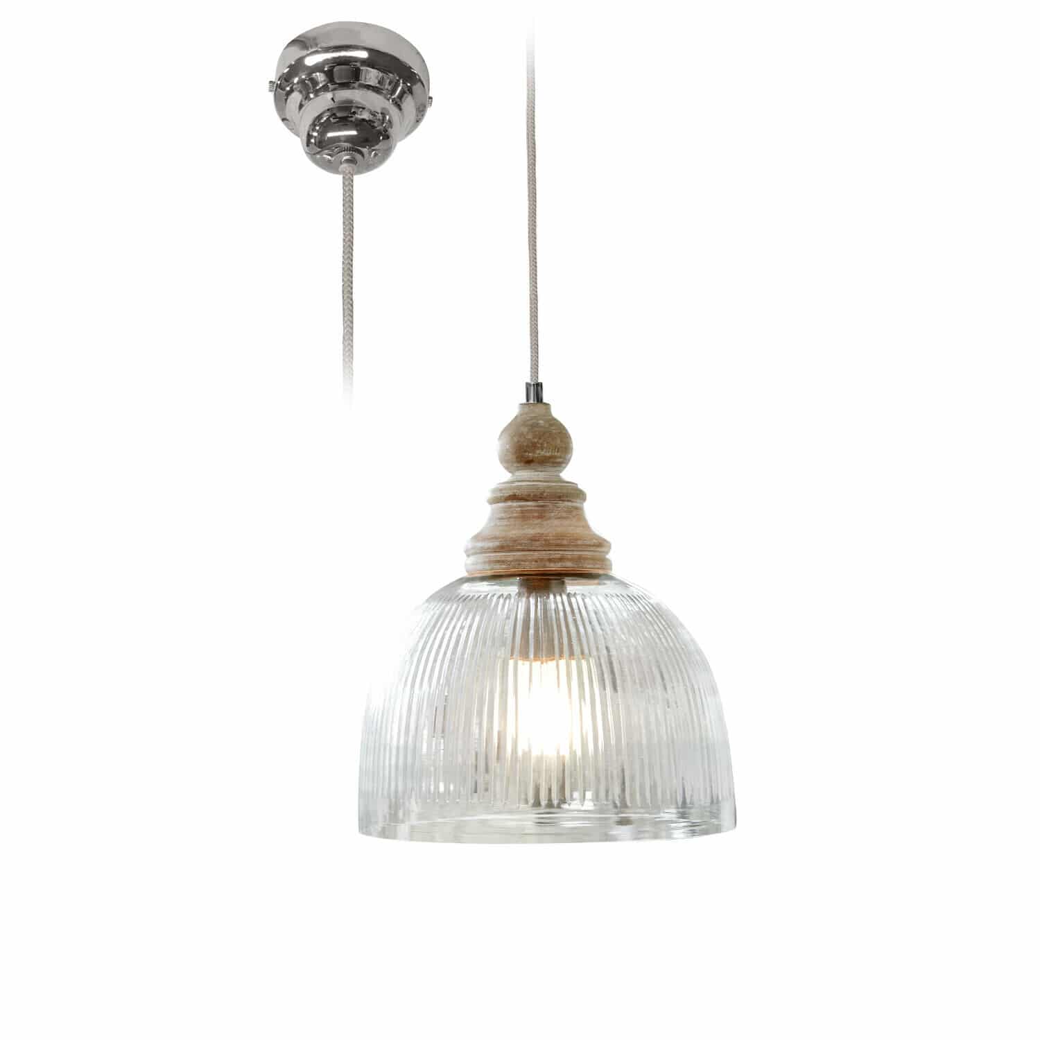 Lampada a sospensione Lezáun Lampada a sospensione in vetro trasparente rigato e legno naturale per illuminazione interna